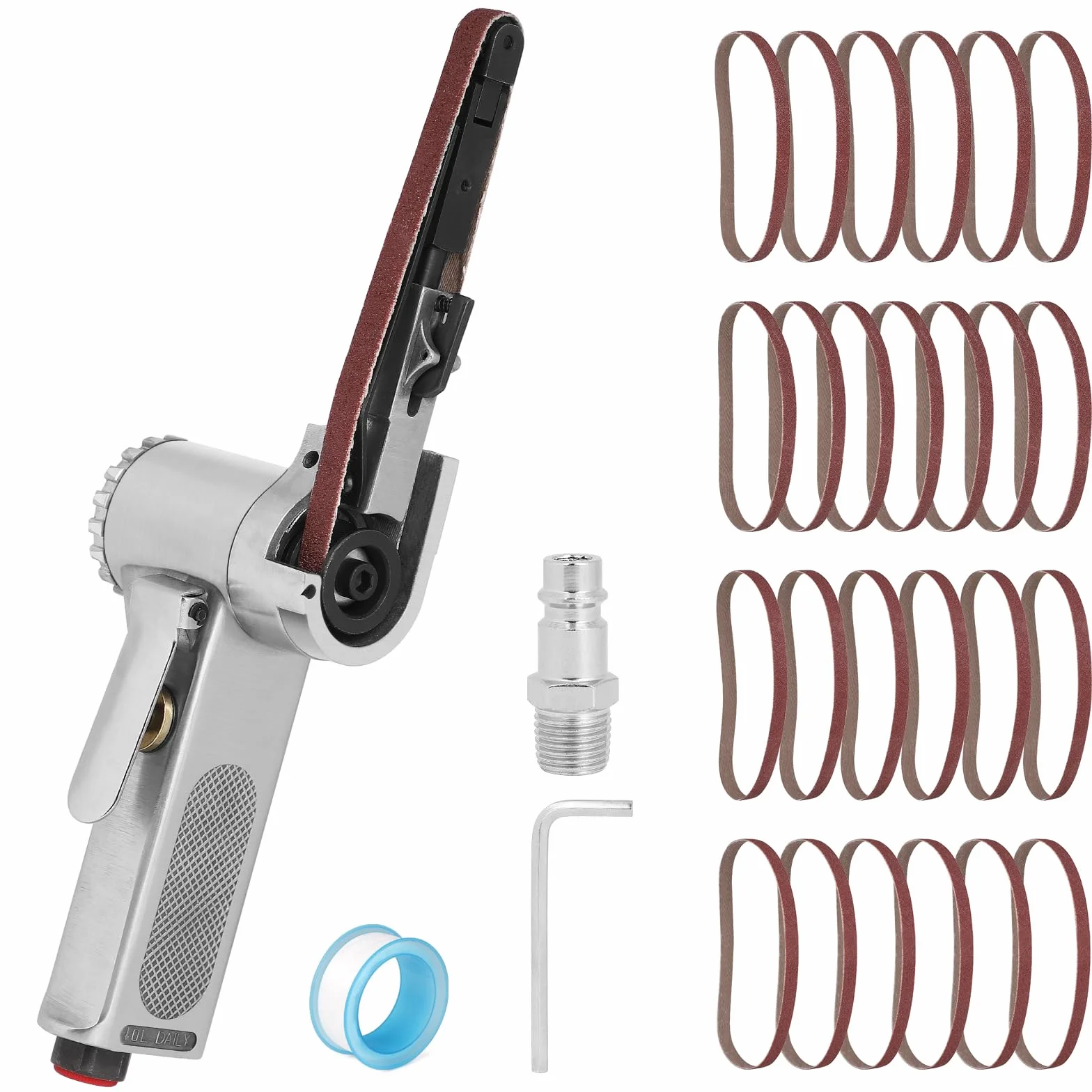 EFUTURETIME Lijadora de Banda Neumática de 16000 RPM, 33cm Lijadora Neumatica Portátil Ángulo Regulable con 25 Bandas de Lijado de 10 mm (G60 x 7, G80 x 6, G100 x 6, G120 x 6)