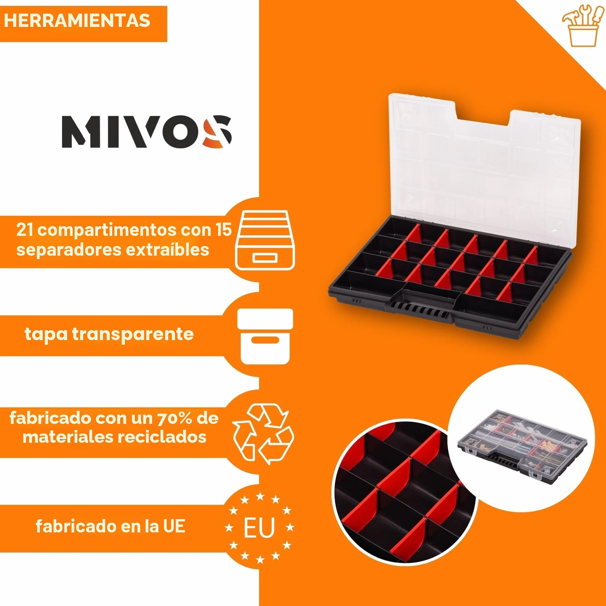 MIVOS Caja organizadora 12 pulgadas 21 compartimentos 290x195x35 mm para tornillos y piezas pequeñas