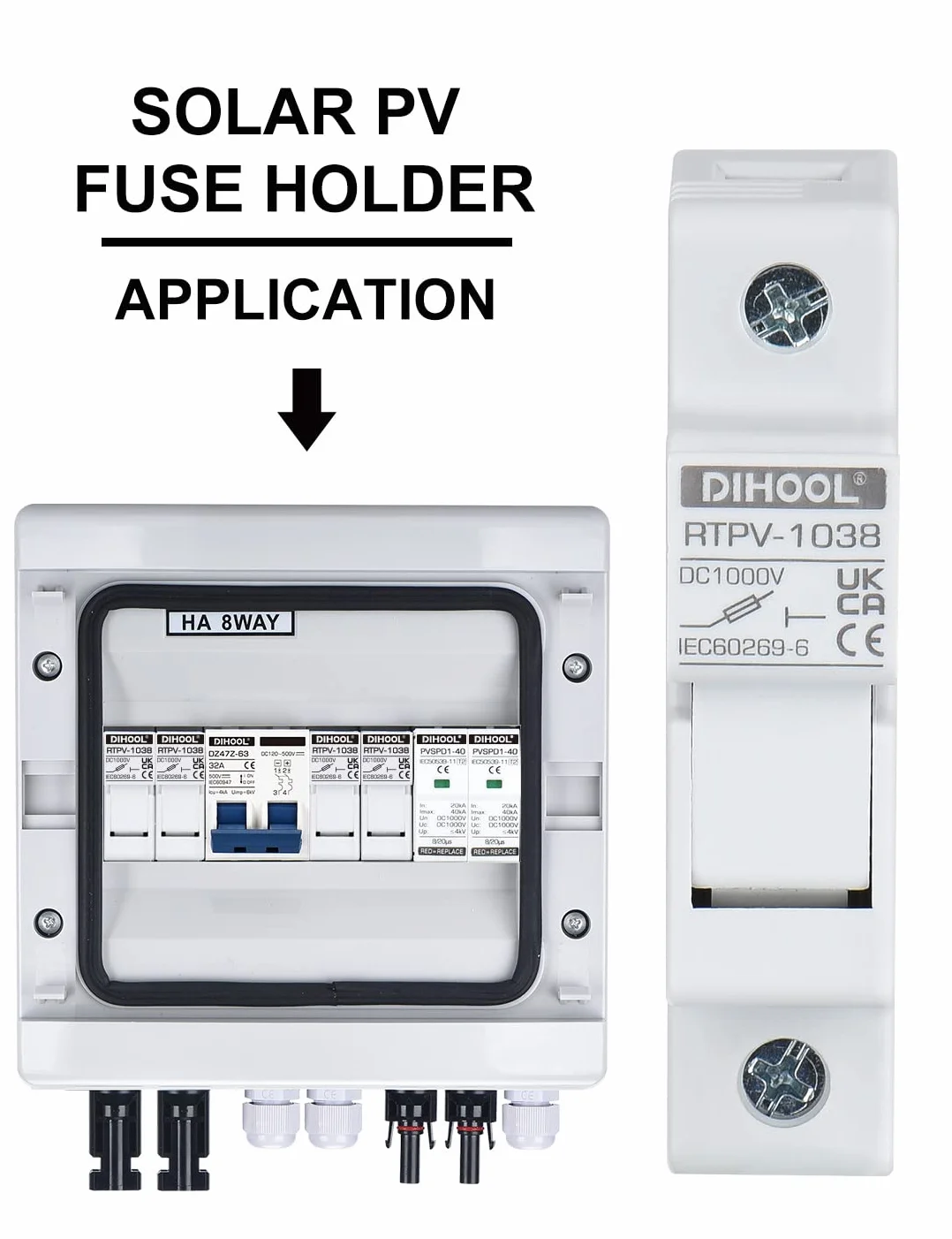 DIHOOL Instalación de guía DIN de 1 polo dc1000v 10 x 38 mm, fusibles fotovoltaicos 10a (4 fusibles y 6 fusibles)