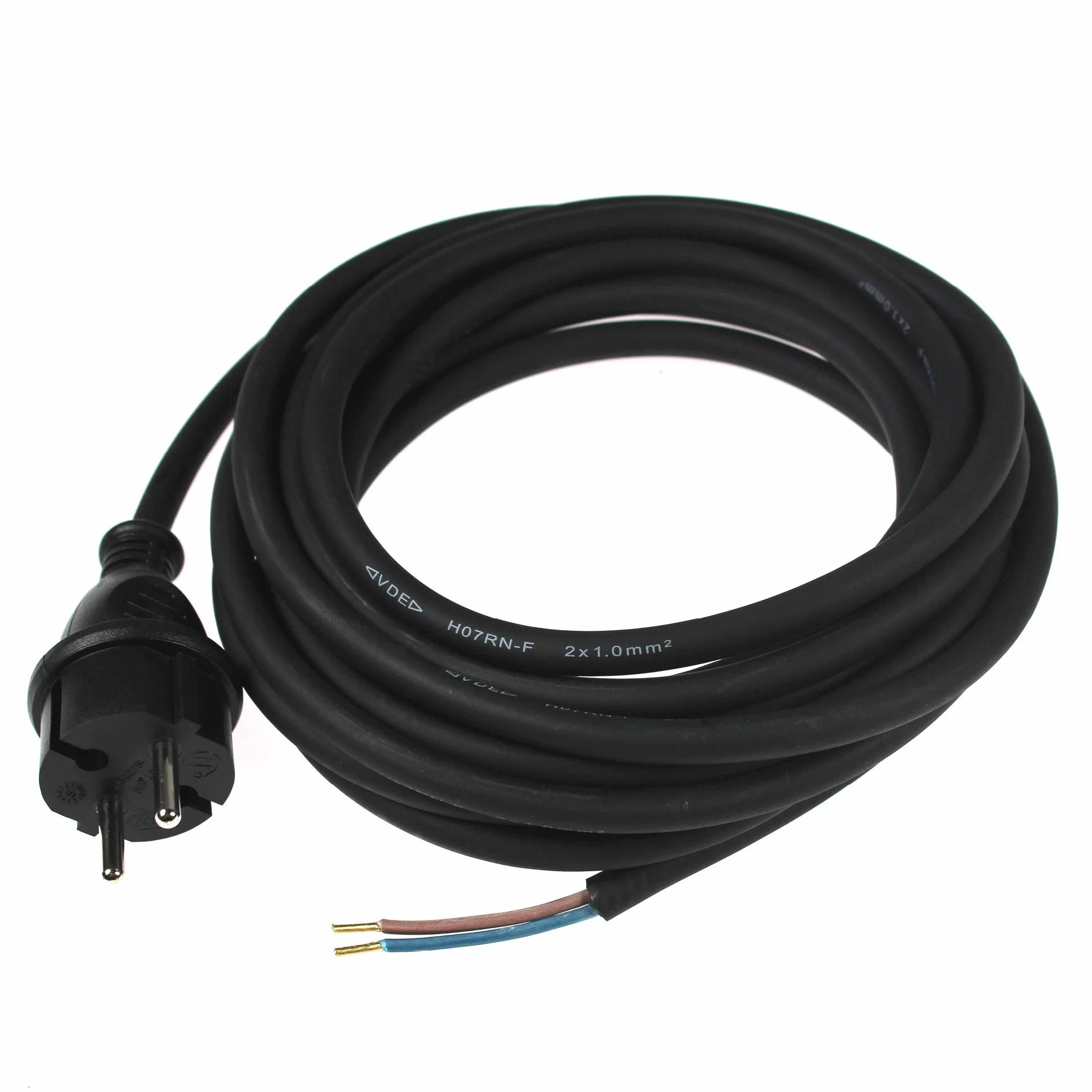 as - Schwabe cable de conexión goma 5 m H07RN-F 2x1,5 - enchufe europeo tipo CEE 7/17 sin tierra - 230 V / 16 A - extremo de cable pelado de 50 mm - IP44 resistente polvo y salpicaduras - negro, 70558