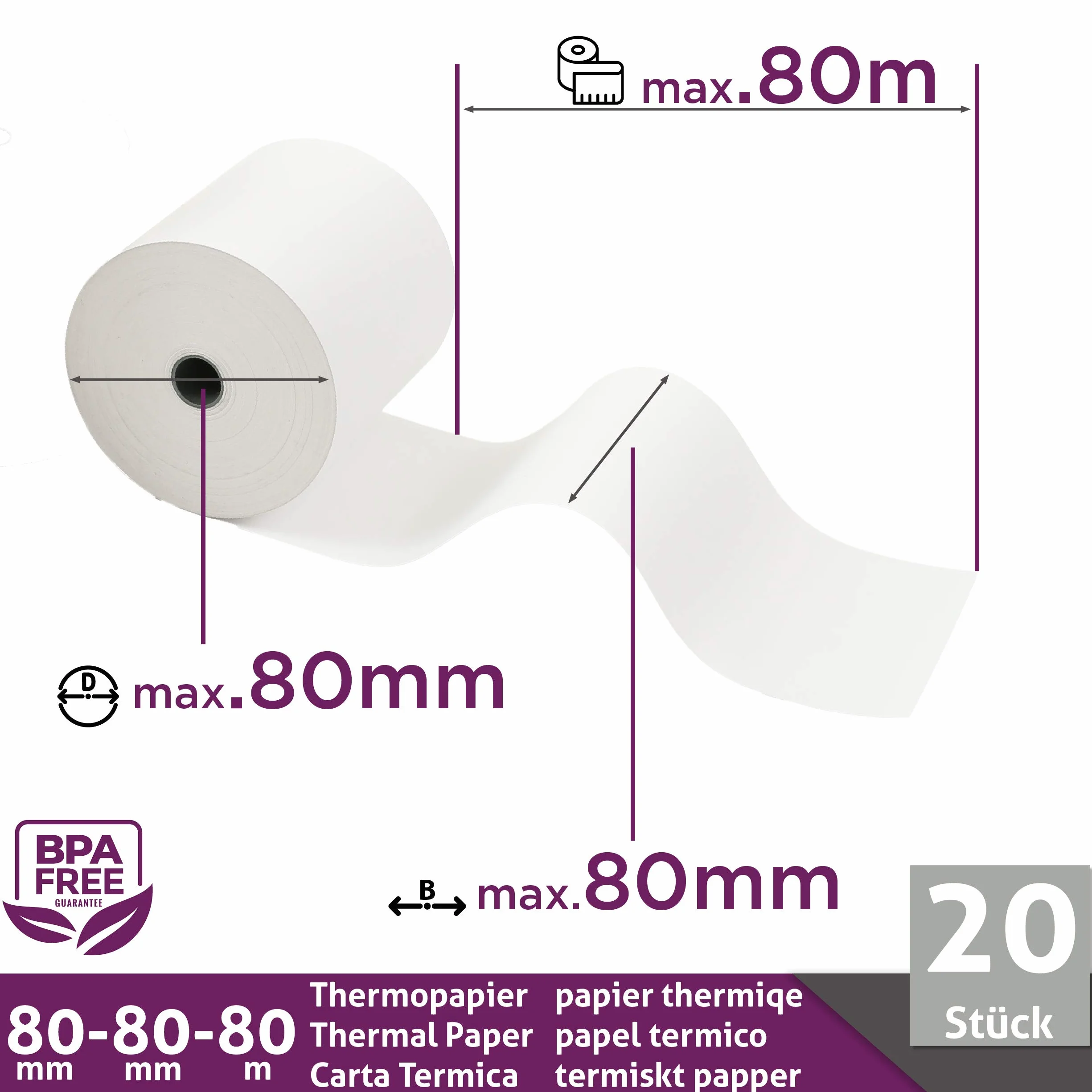 LYNNE - Rollos Papel Termico 80x80 para Impresora de Tickets - Para caja registradora con impresora de recibos - Papel impresora Termica 80x80x12 - Rollo Papel térmico 80mm x 80mm x 80m - [20x]