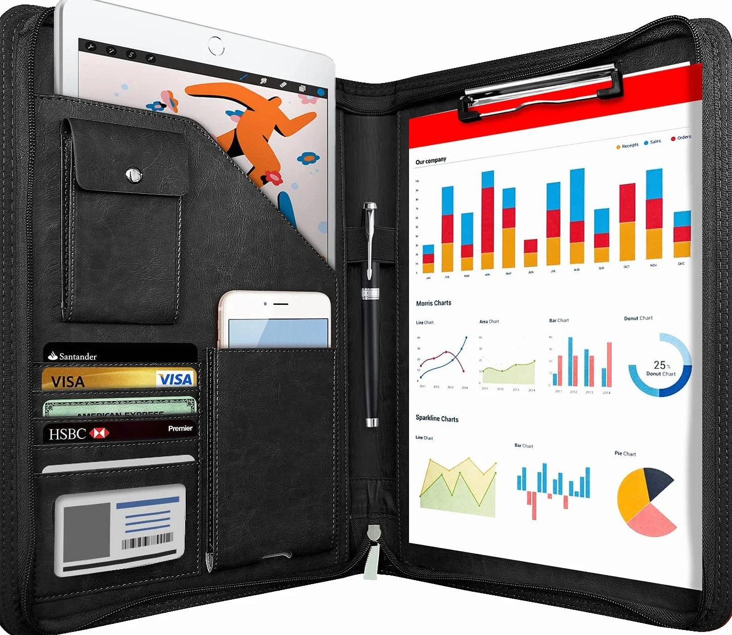 NEWYES Portadocumentos de Cuero A4 con Cremallera Carpeta Organizadora Agenda Oficina Viaje Negro