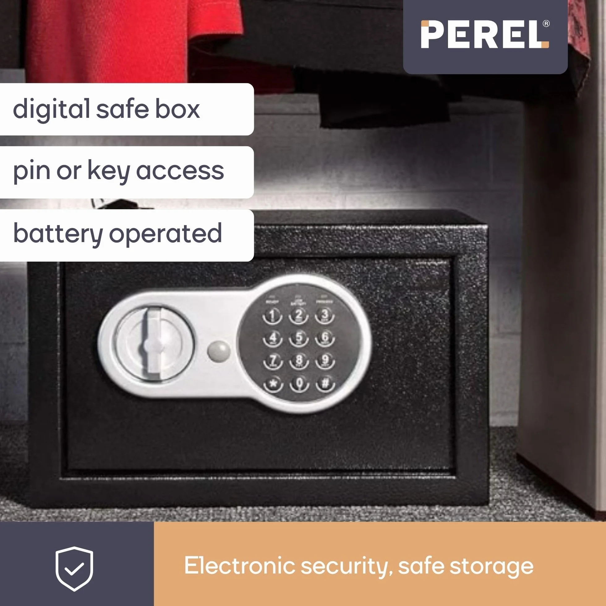 Perel Caja fuerte electrónica con código digital y llave de emergencia, caja de seguridad de acero espaciosa con interior acolchado, mini caja para joyas, documentos y dinero, 20x31x20 cm