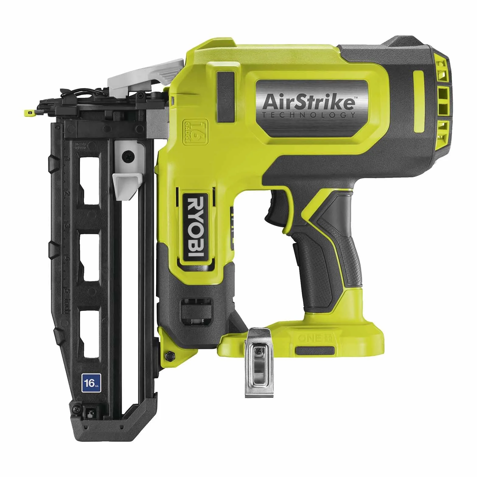 RYOBI - Clavadora de Acabado 16G Aire Comprimido 18V ONE+ - Punta 19-64mm - Cabezal 1,6mm - Cargador 100 Clavos - con 500 Clavos, 2 Puntas de Protección de Material, 1 Gancho de Cinturón - R16GN18-0