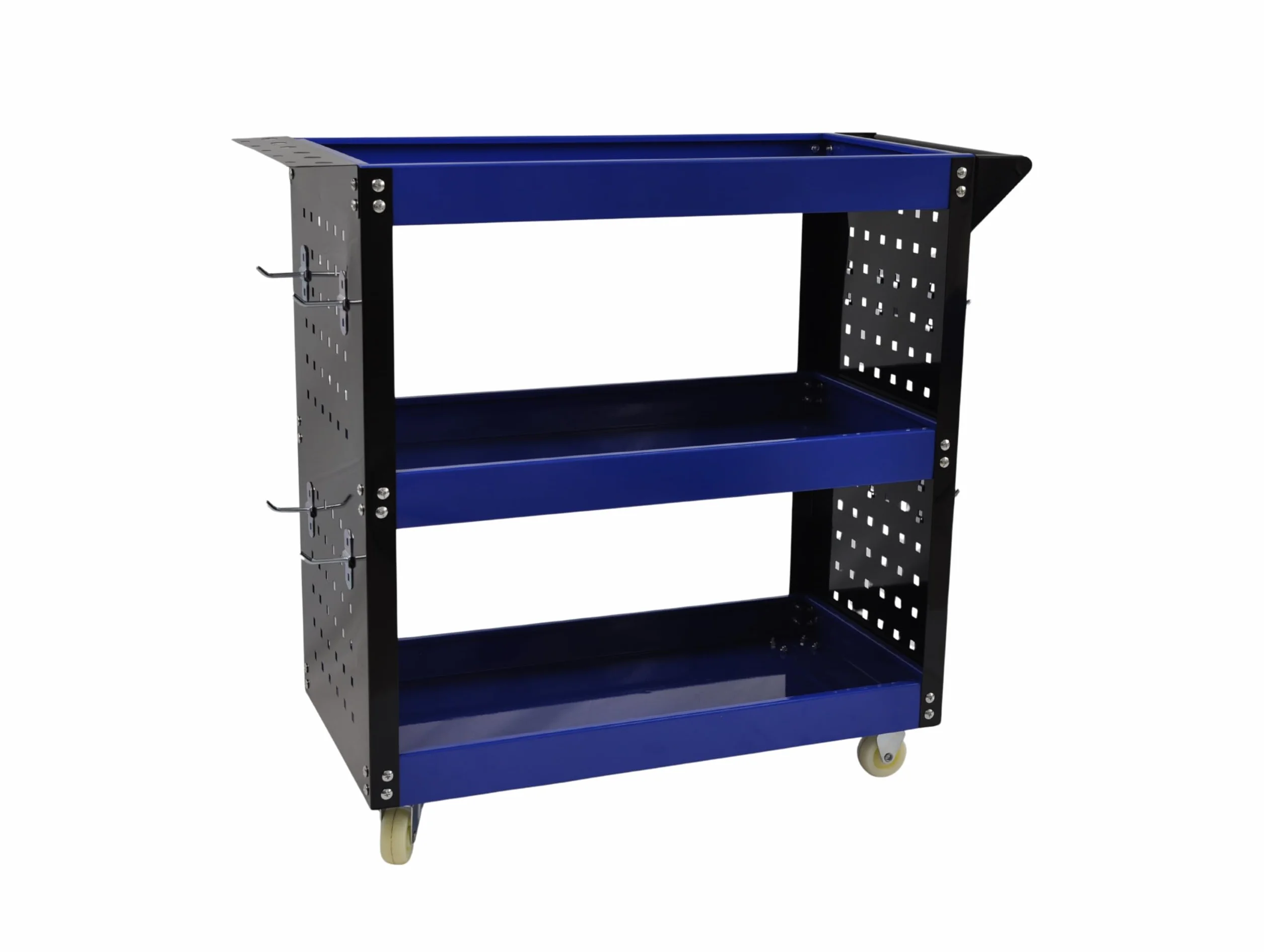 Carro de Taller Profesional 3 Baldas con Paneles Laterales y Ganchos – Azul/Negro – 700×350×760 mm – Carro Herramientas con Ruedas Maniobrable