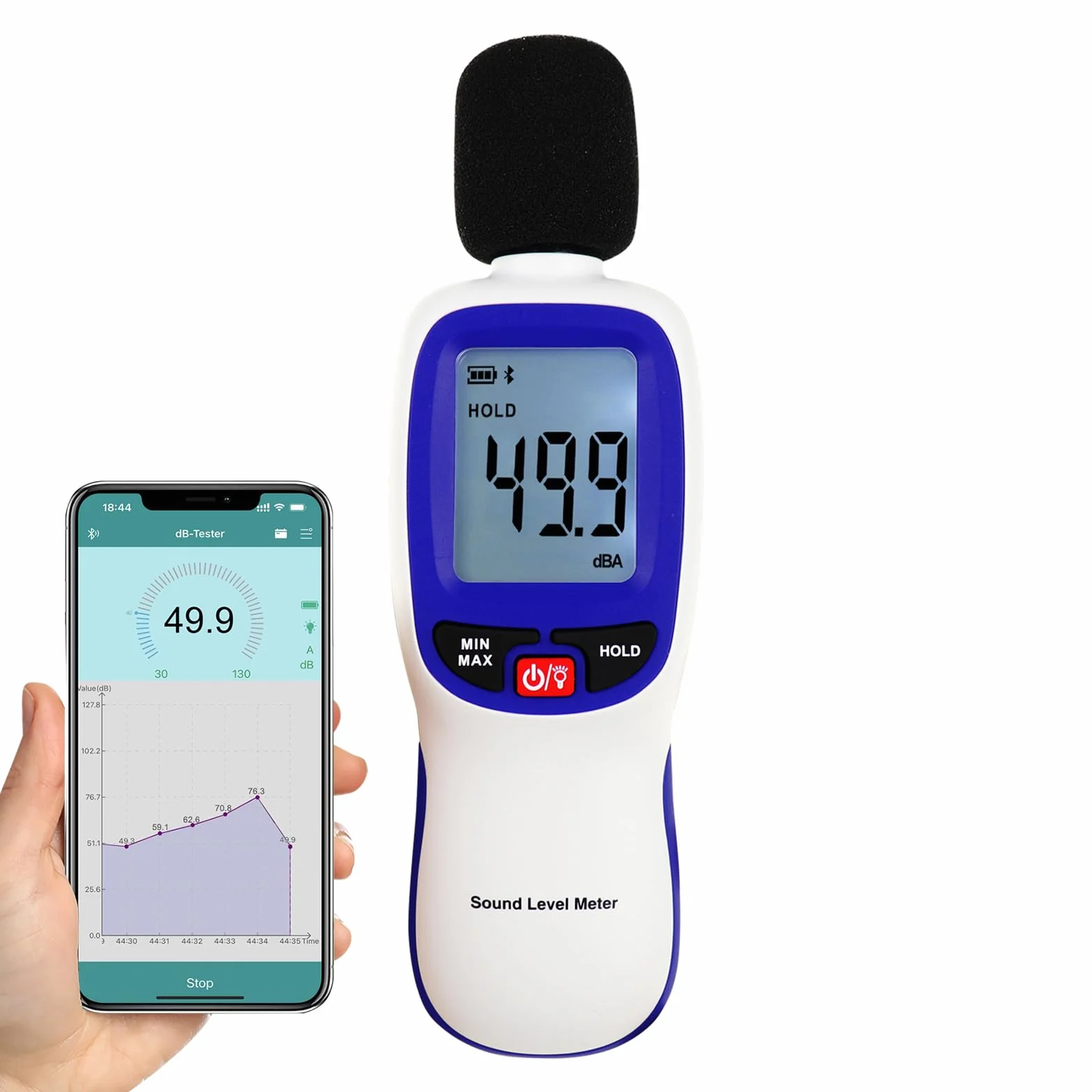 Medidor de decibelios Bluetooth digital de nivel de sonido con APP Datalogger, medidor SPL inalámbrico de 30-130dBA de alta precisión, 20.000 registros, máx./min/espera, alarma - probador de ruido