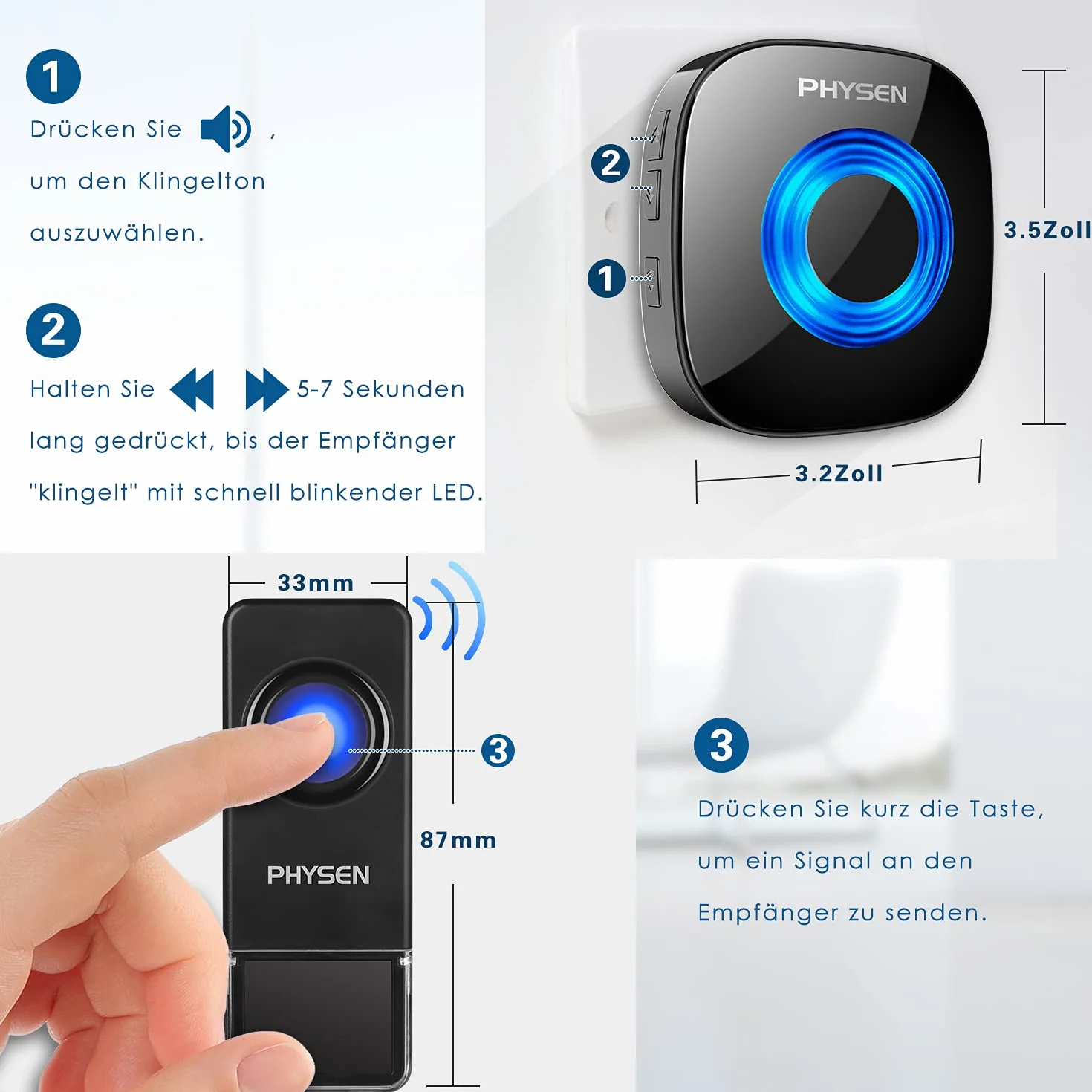 PHYSEN Timbre Inalámbrico Exterior Impermeable IP55, 400M Alcance Doorbell, Kit de Timbre con 3 Receptor + 2 Transmisor, 58 Melodías 5 Niveles de Volumen (0-110dB), Indicador LED, Fácil Instalación
