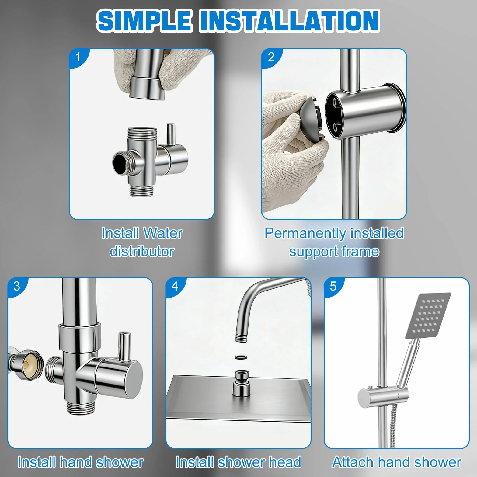 Columna Ducha Completa Acero Inoxidable Cromado Cabezal Lluvia 30x30 cm Soporte Ajustable