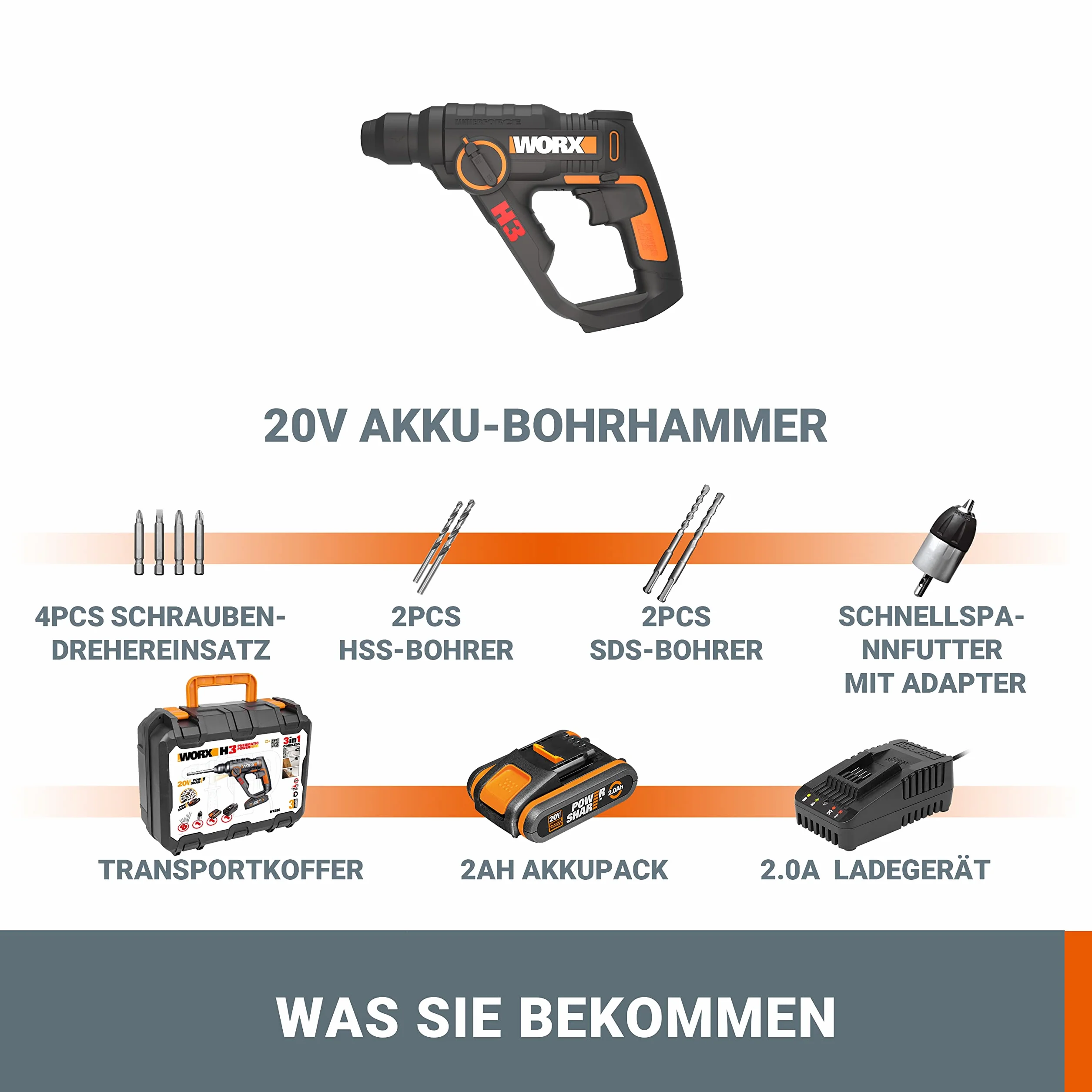 Worx WX390 - H3™Taladro/Atornilllador/Martillo 1 Bat. 20v-2,0Ah Li-Ion