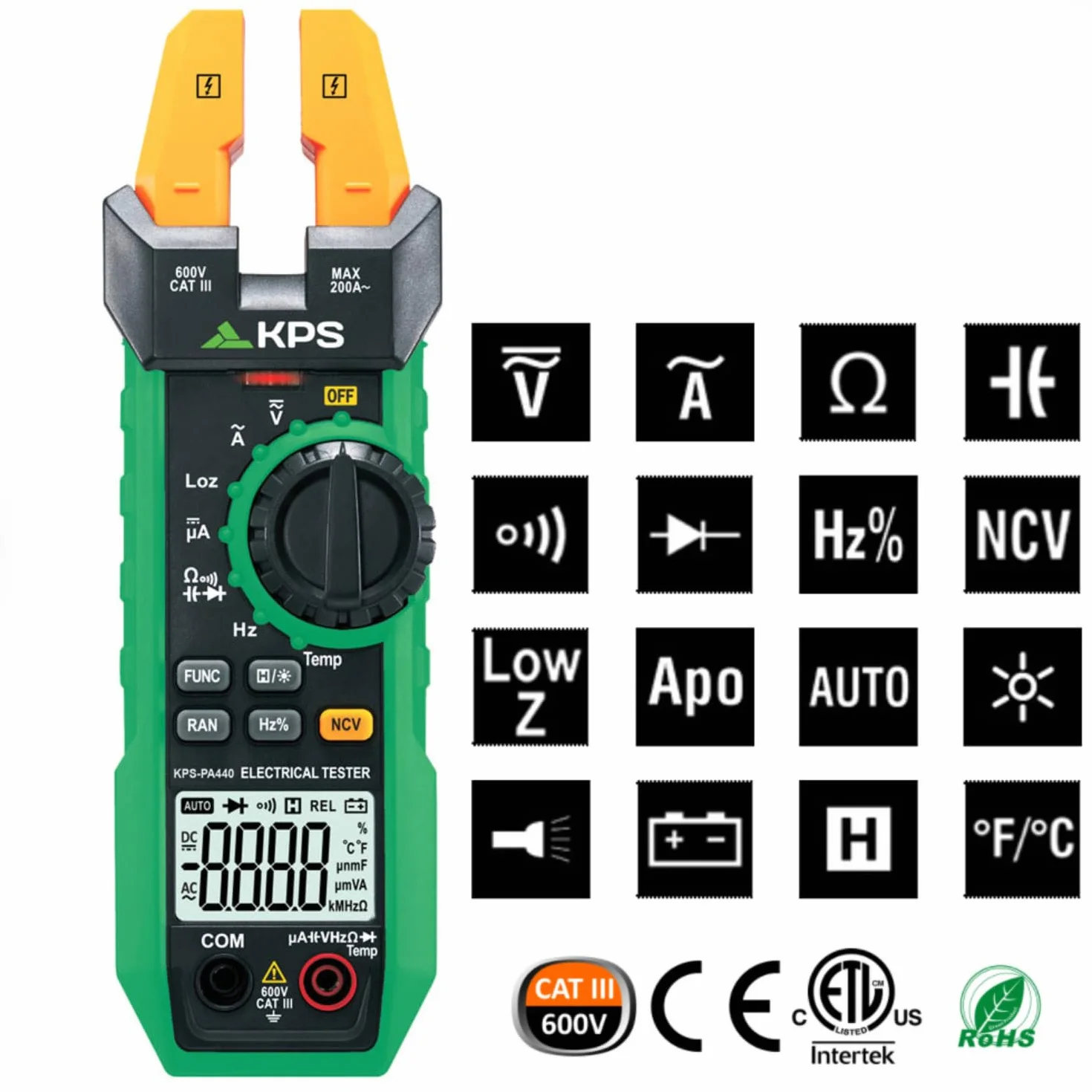 KPS-PA440 Pinza Amperimétrica Profesional con Maxilar Abierto - Multímetro Digital con Medición de Corriente AC 200A, Corriente DC 1000µA, Voltaje AC/DC 600V, Temperatura, Frecuencia, Capacidad y NCV