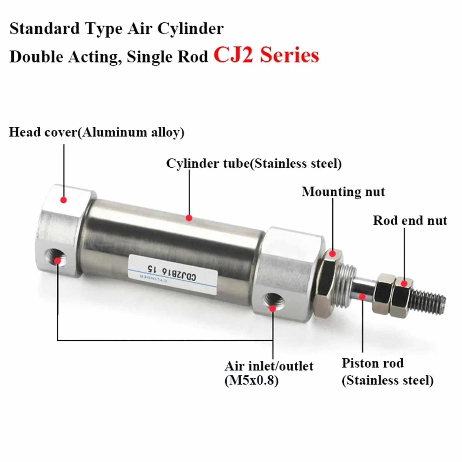 Cilindro neumático de aire de acero inoxidable CDJ2B10 CDJ2B16 Mini de doble efecto, vástago simple, diámetro de 10 mm, 16 mm de carrera, 5~150 mm con imán(40mm Stroke,Bore 10mm)