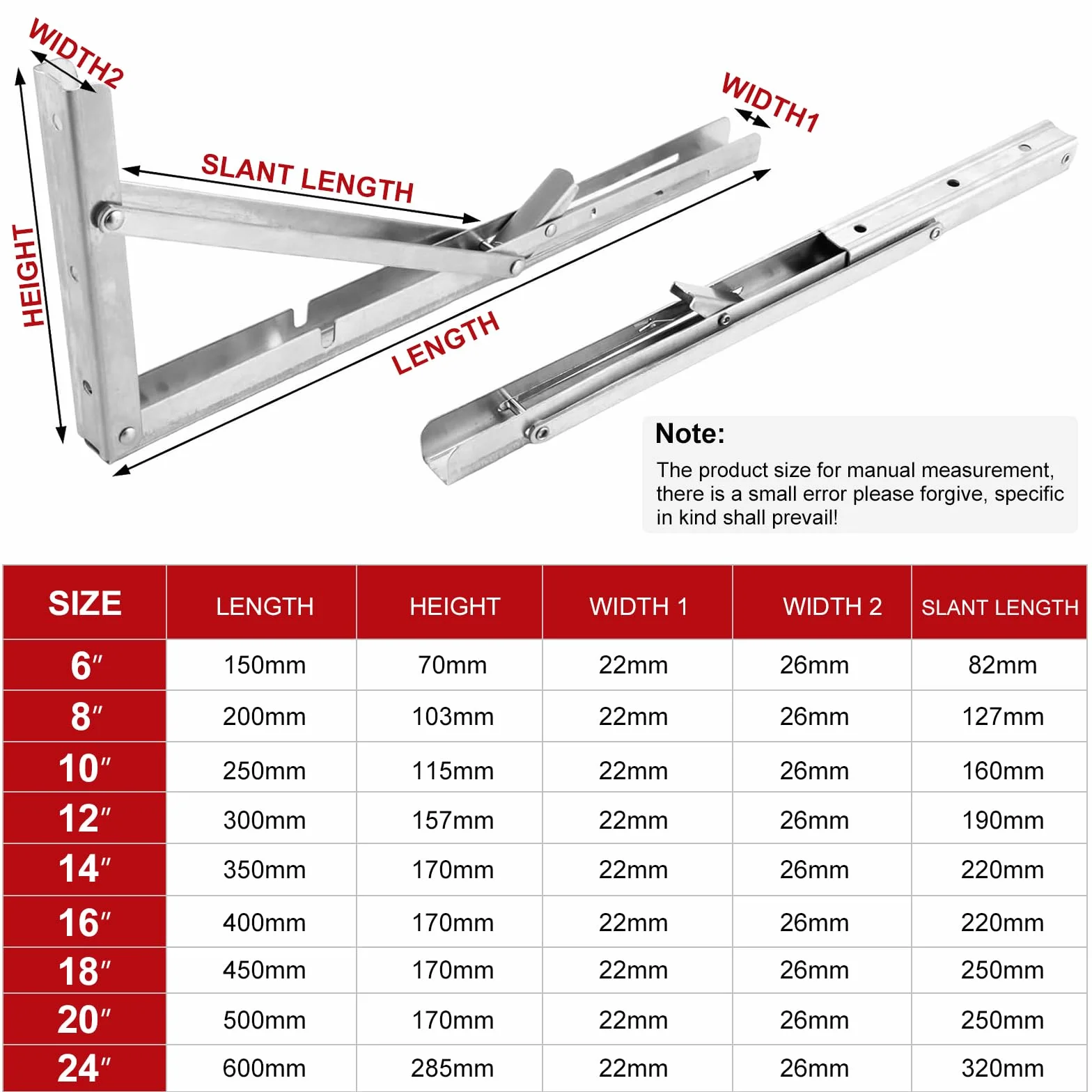 2 Soportes de Pared Plegables de Acero Inoxidable –600mm Soporte Abatible con Bloqueo para Mesa Plegable, Banco de Trabajo, Estante – Ahorro de Espacio & Antióxido – Carga 100kg