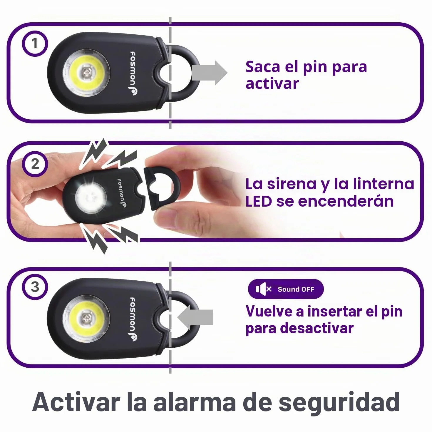 Fosmon - Alarma personal de bolsillo antiagresión | Alarma para Mujer y Hombre | Sirena de 130dB audible hasta 180m | Alarma personal con luz intermitente | Alarma con mosquetón | Paquete de 2 alarmas