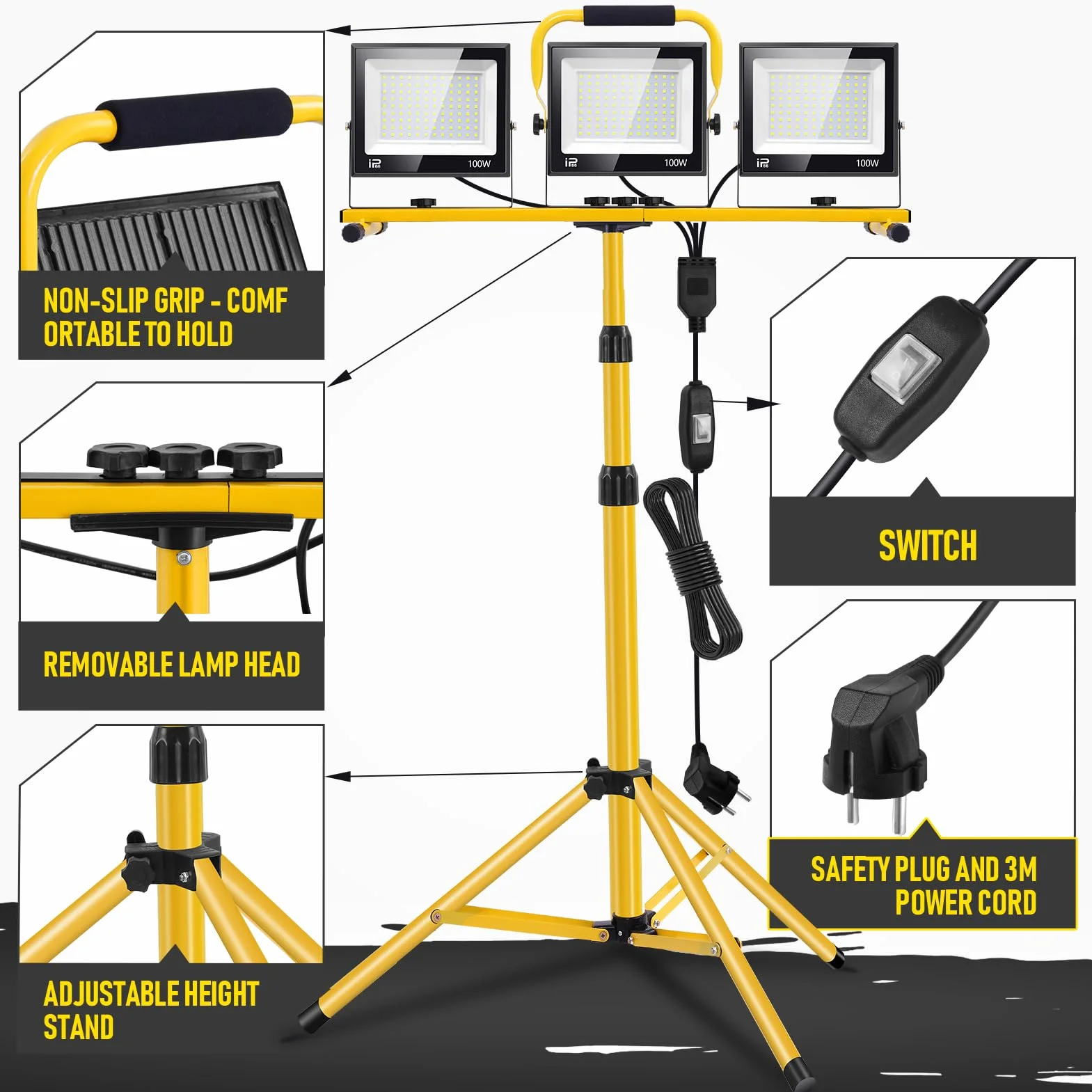 Foco de Trabajo LED 300W con Trípode Telescópico, 30000LM 6500K Foco de Trabajo LED con Enchufe Cable de 3m, Rotación de 360°, IP66 Impermeable Luz de Trabajo para Taller, Obras, Garaje