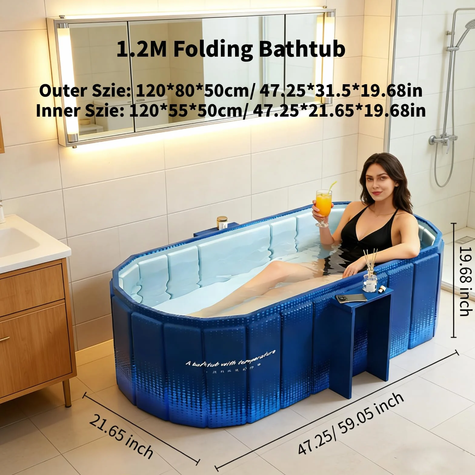 XUDREZ Bañera portátil para adultos, plegable, de pie, con estante de almacenamiento, bañeras de hielo caliente independientes, spa japonés, sauna, plegable, azul, 1,2 m