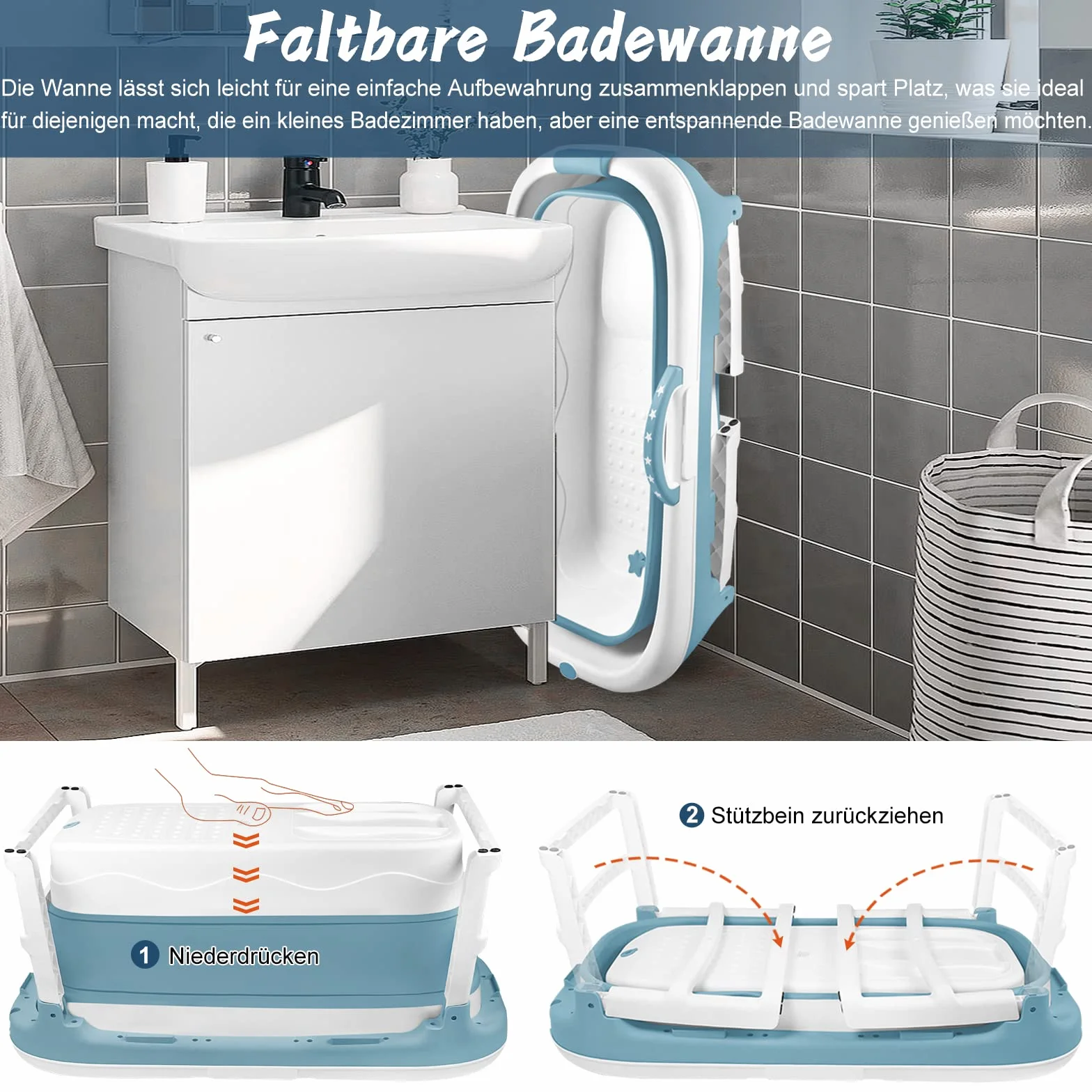 HENGMEI Bañera plegable para adultos, 112 x 62 x 52 cm, bañera portátil con cubierta, rodillos de masaje y bandeja para bañera, azul y verde
