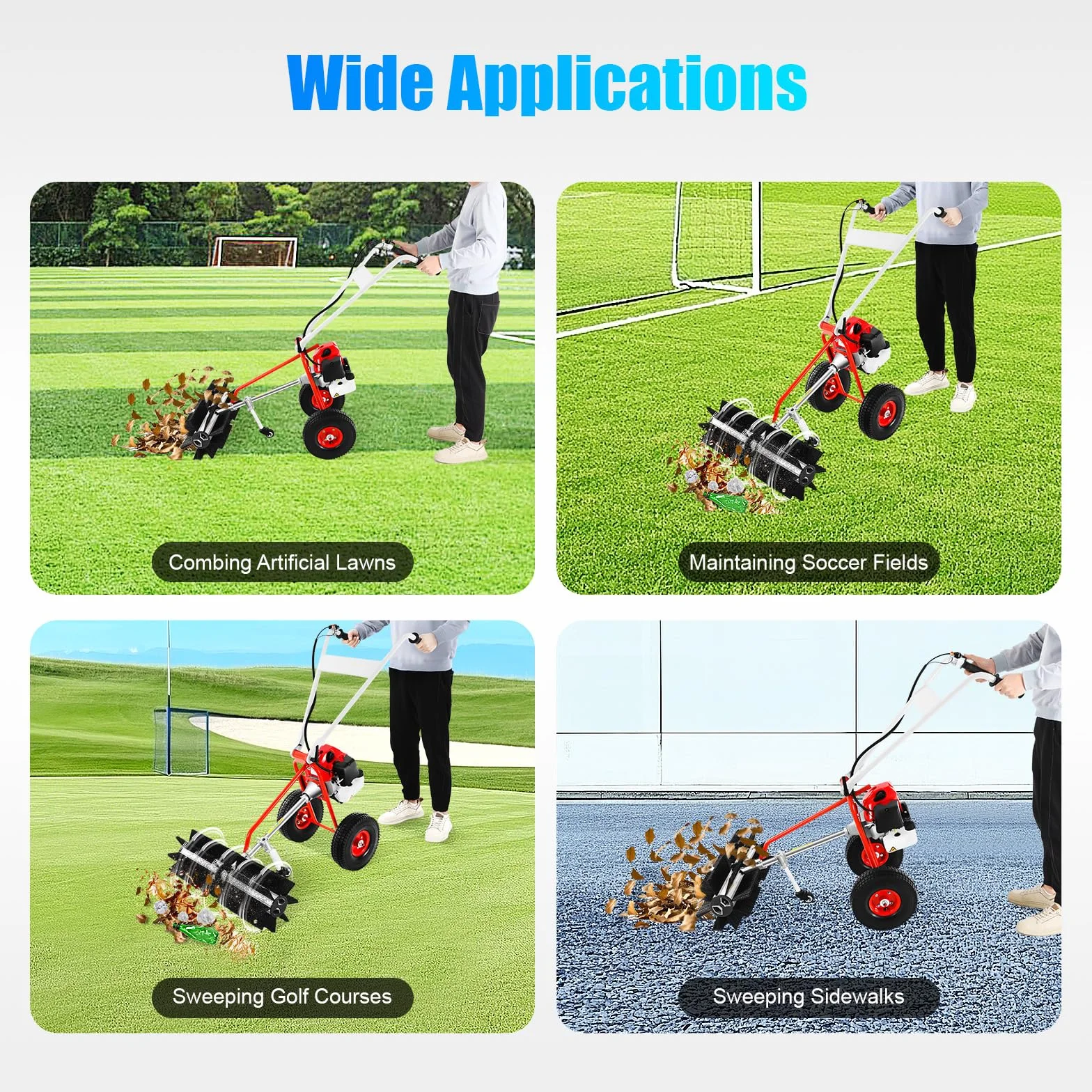 43CC Gasoline Lawn Sweeper, cepillo para césped artificial, barredora manual, escoba motor de gasolina, escoba de motor, barredora, removedor de nieve, recogedor de nieve