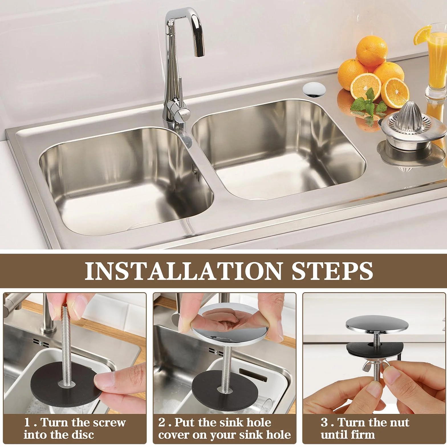 Cubierta para agujero de fregadero, cubierta de acero inoxidable, tapa de agujero de fregadero de cocina, accesorios de fregadero para decoración del hogar, cocina y baño (plateado)