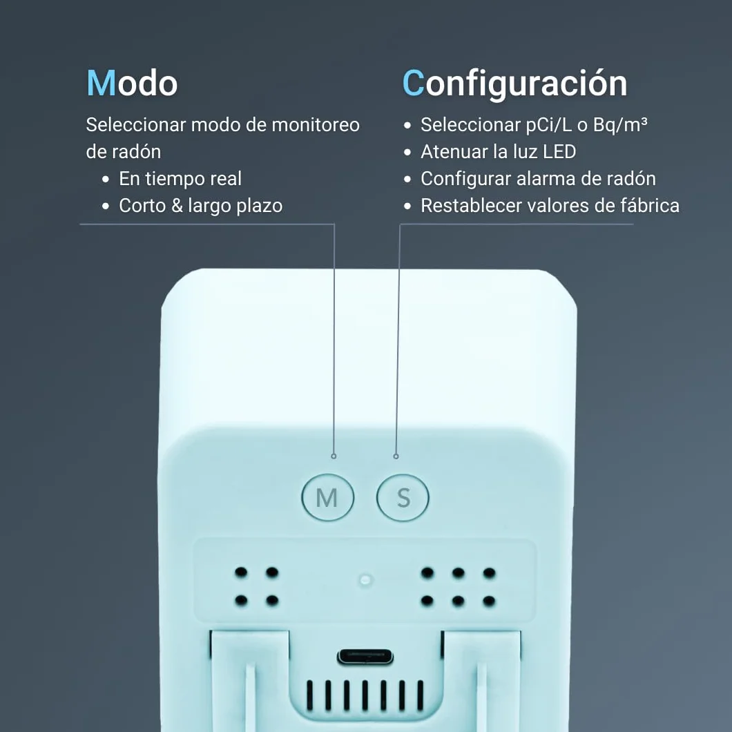 Ecosense EB100 EcoBlu, Detector de radón doméstico, captura y visualización de resultados cada 10 minutos, monitoreo continuo a corto y largo plazo, fácil de usar