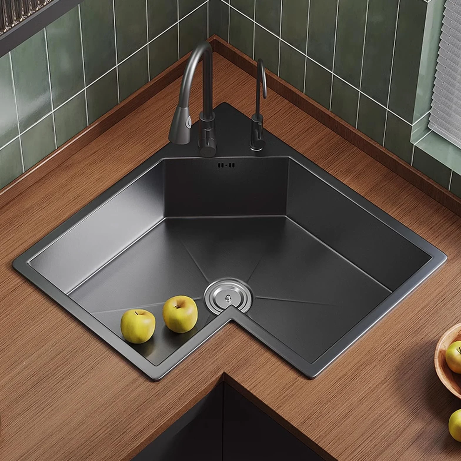Fregadero de cocina en forma de L, multifuncional de acero inoxidable 304 de una sola cuenca con grifo giratorio de 360° para lavar platos y limpiar verduras