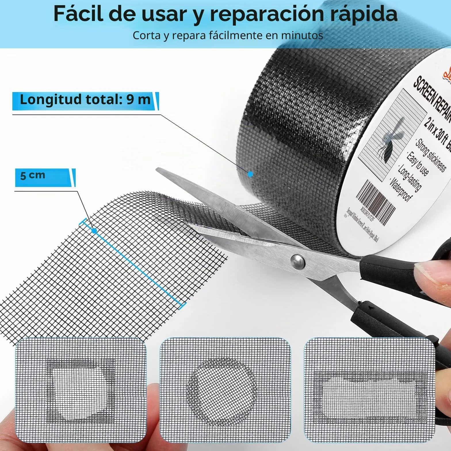 Secopad Cinta Reparadora de Mosquiteras, 50 mm x 9 m Kit de Reparación de Parches de Pantallas de Fibra de Vidrio para Pantallas de Puertas y Ventanas, Negro
