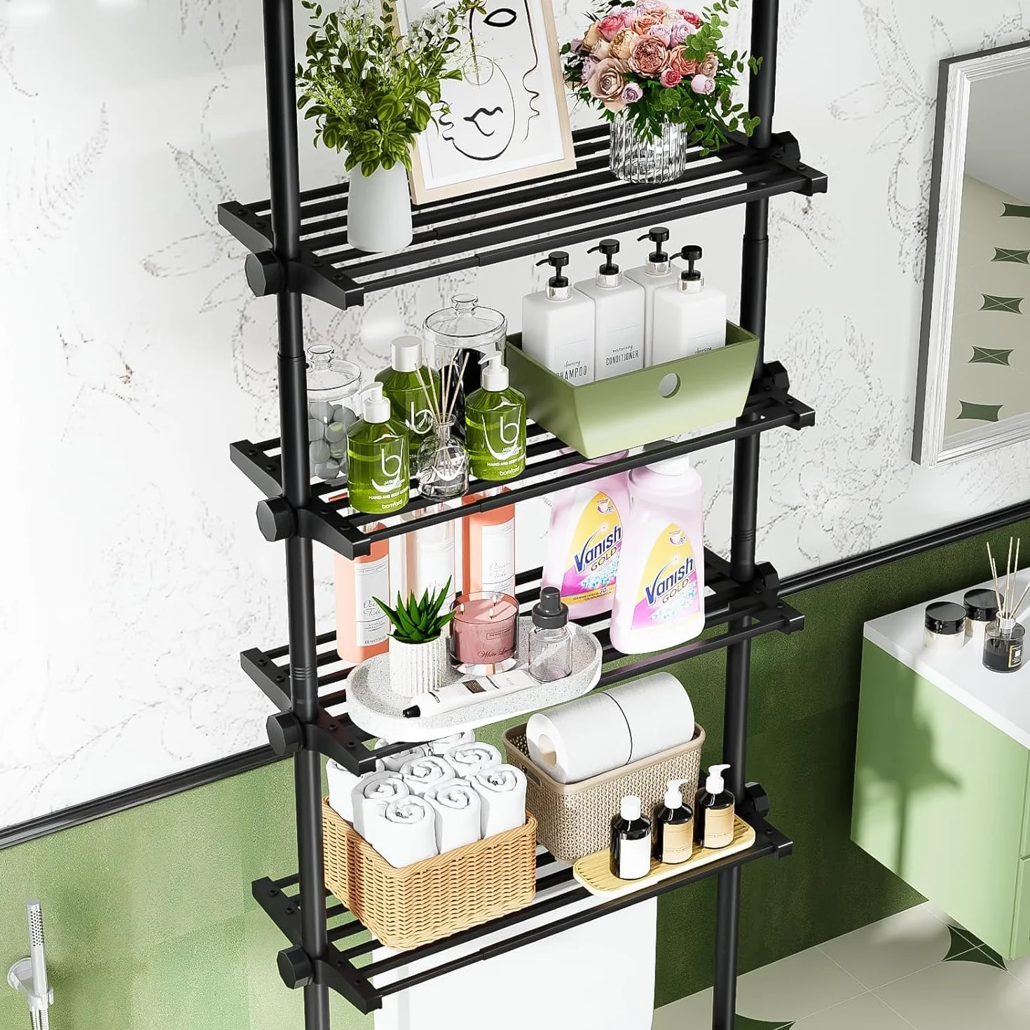 Estantería para inodoro de 4 niveles WELDUN, estante de baño ahorrador de espacio, 49-79 cm ancho, 122-315 cm alto, negro