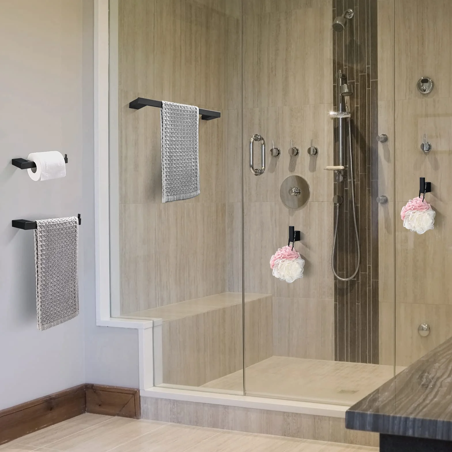Accesorios Baño Set de 5 Piezas, Toalleros de Baño de Pared Aluminio, Toallero 40cm, Toallero de Papel y Gancho para Toalla de Baño, Colgador Toalla Baño Juego Cuartos Set de Baño, Negro