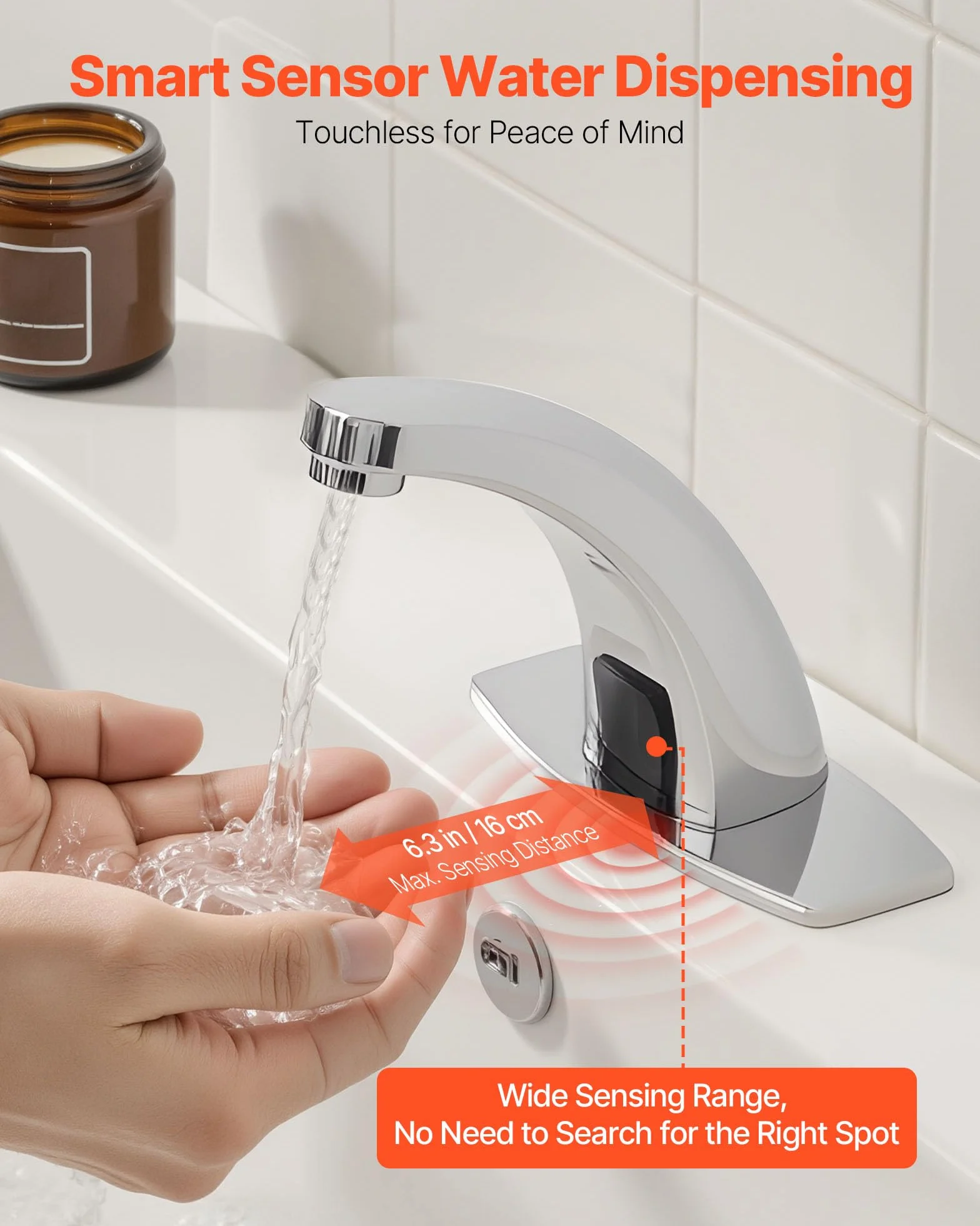 VEVOR Grifo de Lavabo Automático sin Contacto a Baño, con Sensor y Tapa, Alcance 16 cm, Grifo a Pilas para Inodoro y Lavabo, Diseño Delfín, Aleación de Zinc, Cromado Plateado, 160 x 45 x 125 mm