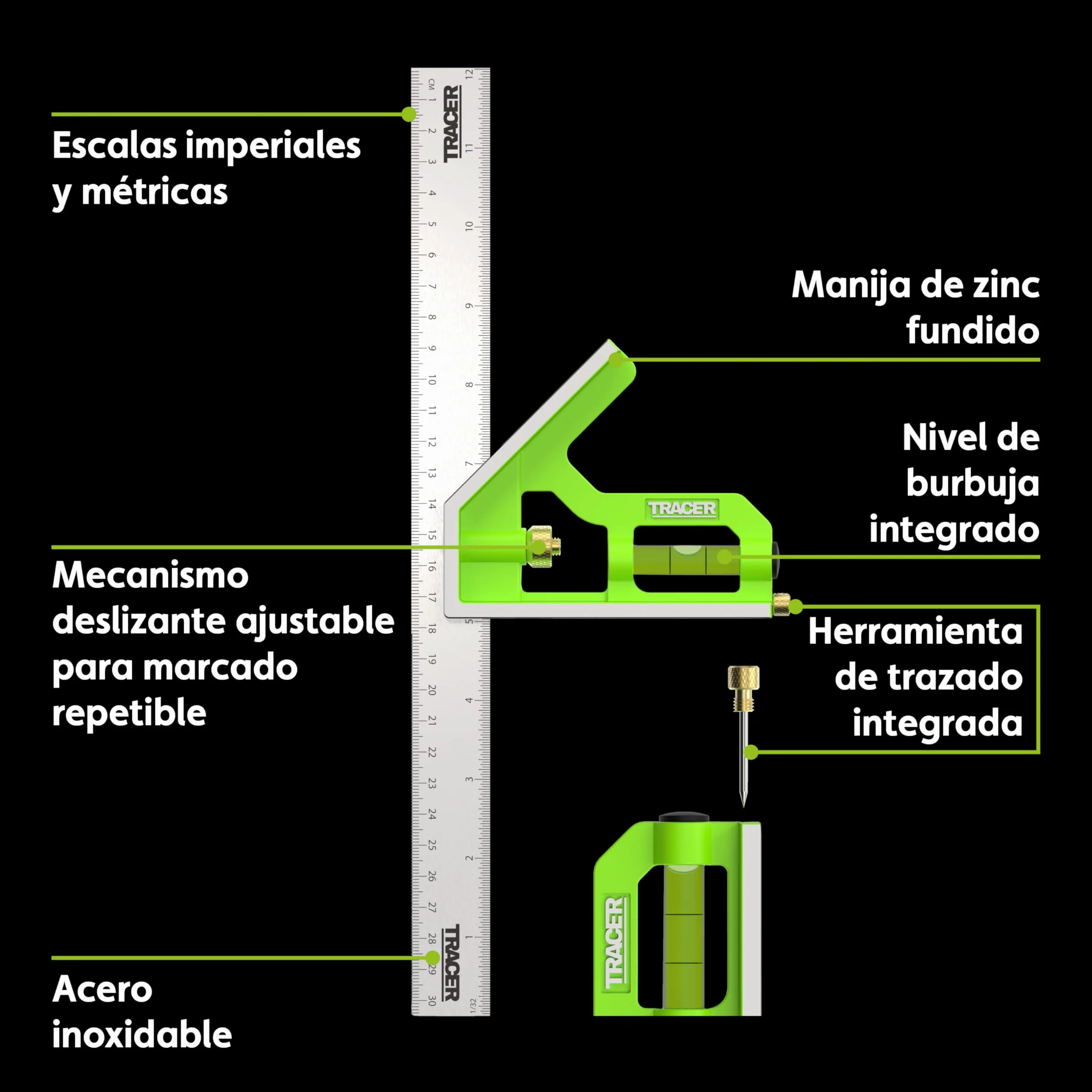 TRACER Escuadra combinada 300 mm 45/90 grados nivel de burbuja herramienta de medición