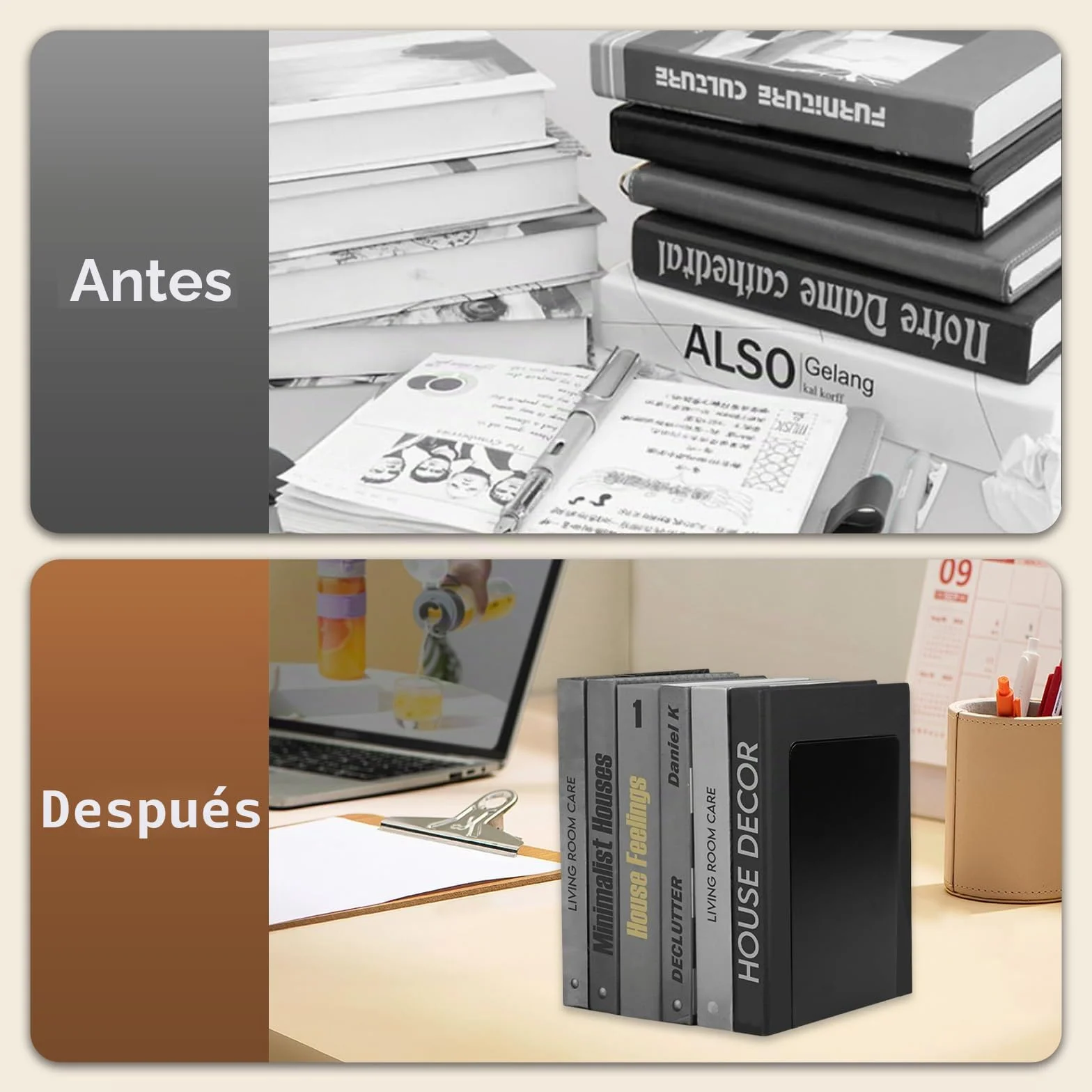 Sujetalibros de Metal Negro 19.5x13.5x10cm con Alfombrilla Antideslizante 6 Piezas