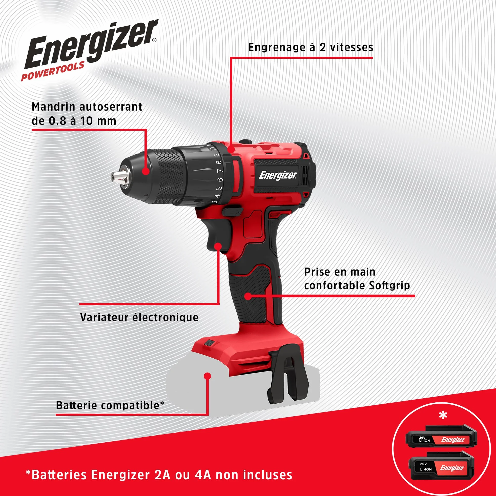 Energizer - Taladro atornillador inalámbrico 20V ultraligero, torque 40 Nm, 2 velocidades (1850 RPM), portabrocas de 10 mm, incluye 2 baterías 20V 2AH + cargador rápido, herramienta de alto rendimient
