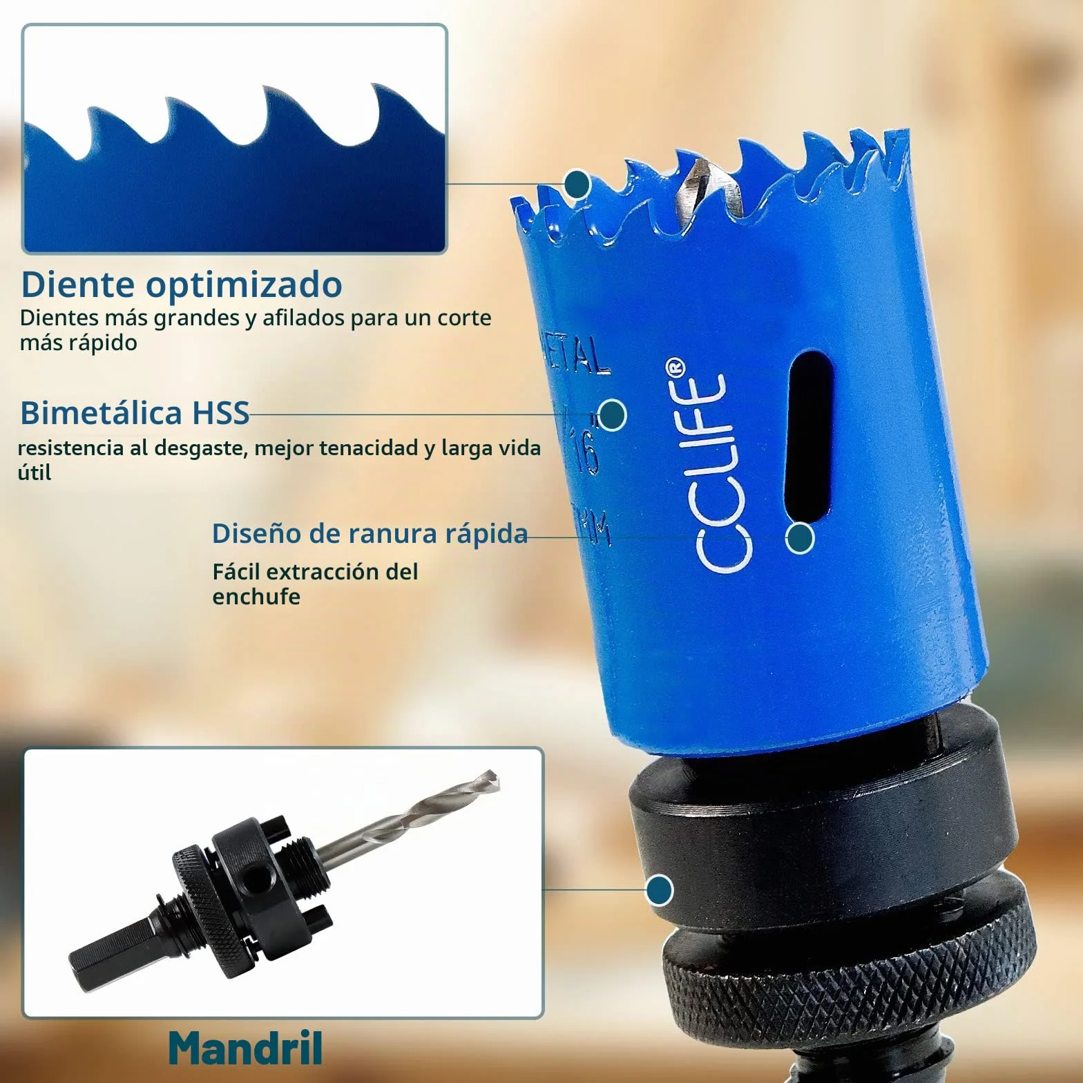 CCLIFE Juego de sierra perforadora bimetálica, 8 piezas, bimetal M3 HSS-CO, diámetro de 22 – 64 mm, profundidad de corte 38 mm, para taladrar acero inoxidable, metal ligero, madera, PVC, plástico, etc