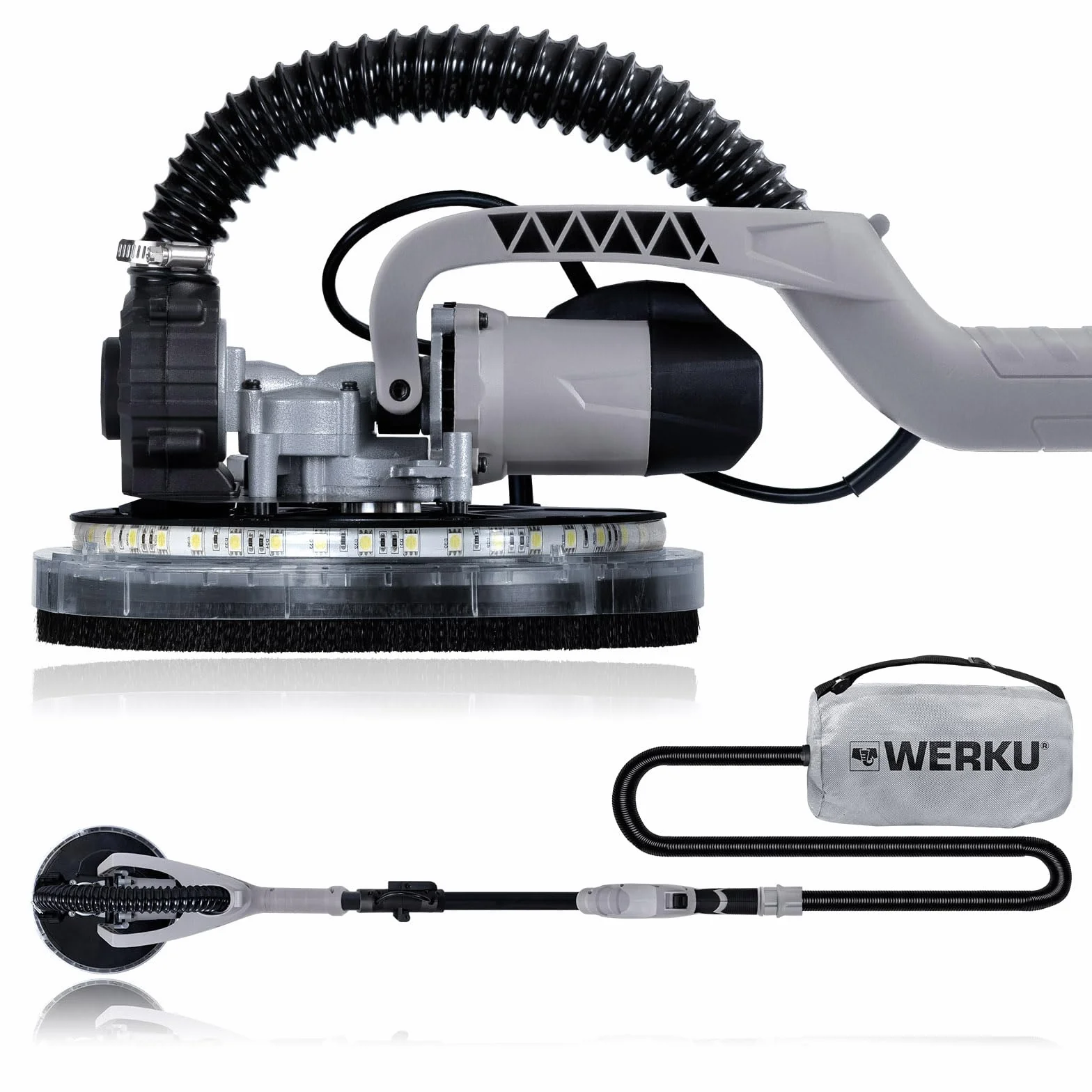 Werku WK403070, Lijadora Circular Paredes-Techos Auto-Aspirante, Calidad Profesional, Potencia 750 W, Disco 225 mm, Sistema Luz LED Visión, Incluye Disco Lijado y Manguera Aspiración