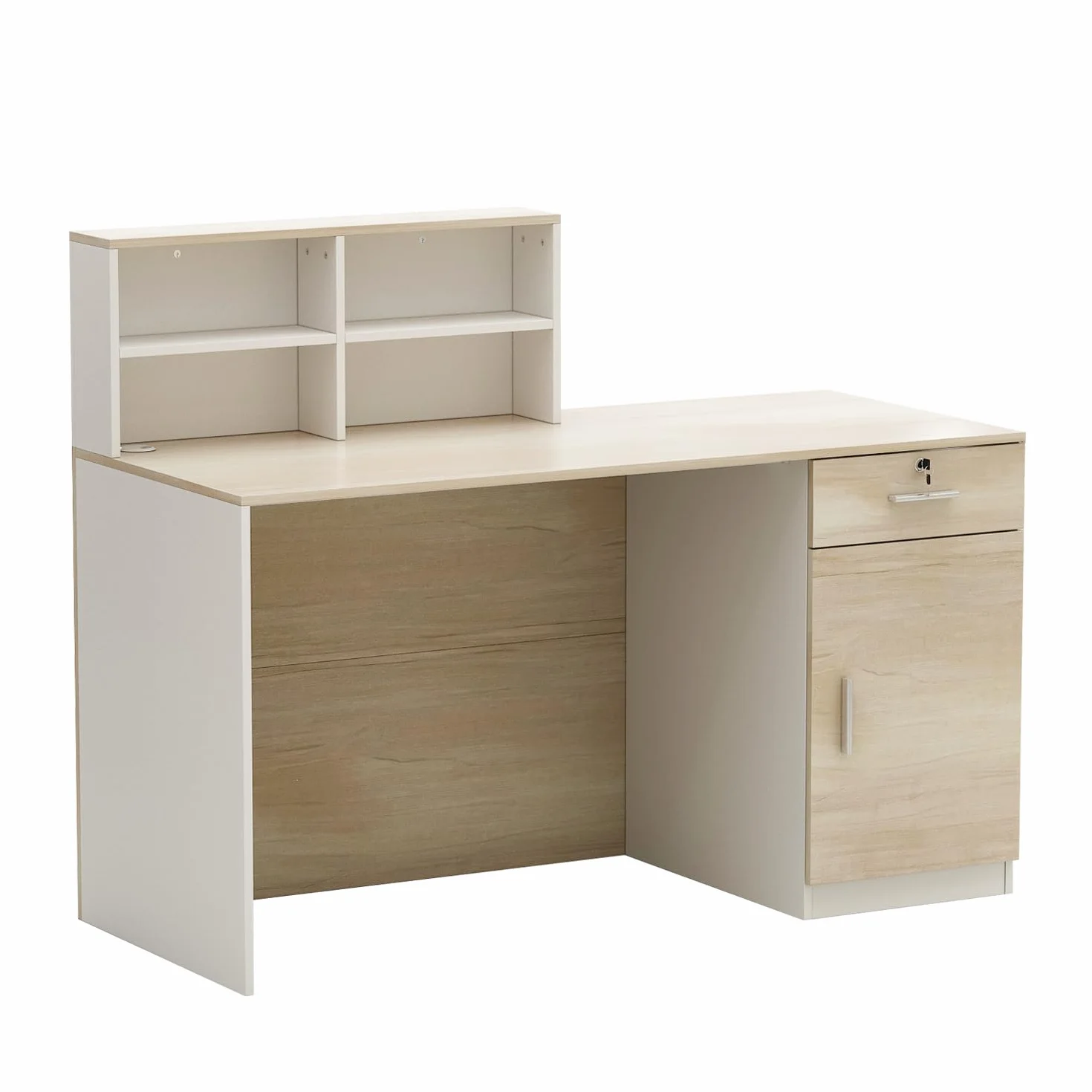 Mesa de recepción con compartimentos abiertos, 1 cajón y 1 armario, color madera y blanco, 140x60