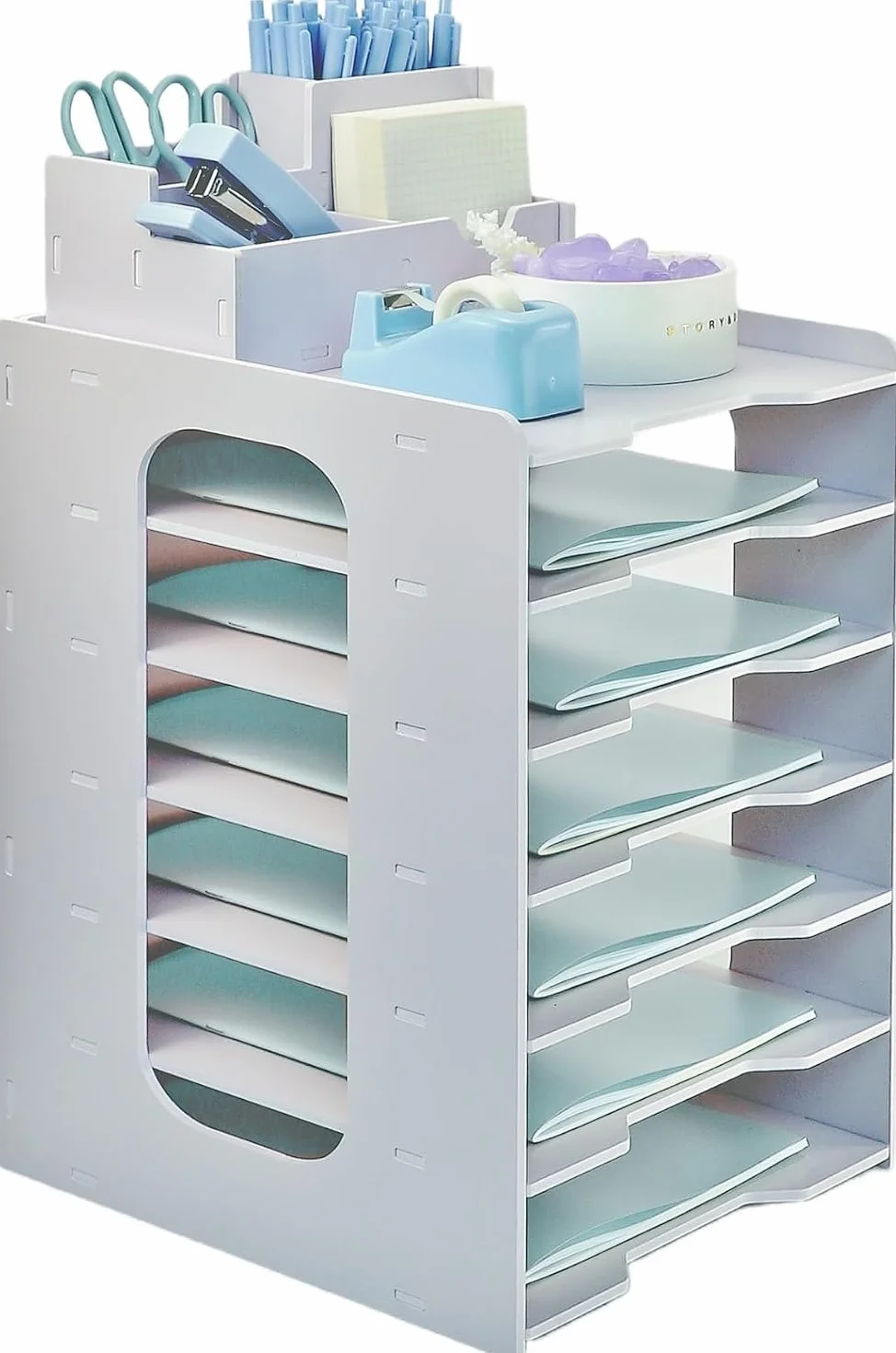 Organizador Escritorio 7 Niveles A4 Bandejas Apilables Malla Metalica con Portalapices
