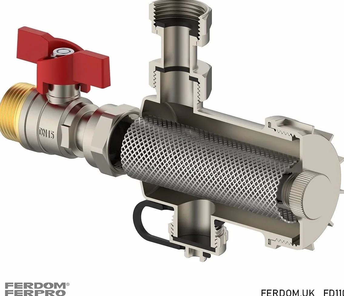 Ferdom FD110 Filtro Magnético Sistemas De Calefacción. Montaje Debajo De Calderas De Pared. Con Separador De Suciedad No Magnético. Compact, Fácil De Colocar. Imán 9000gs, Filtro De Malla 1000 Micras.