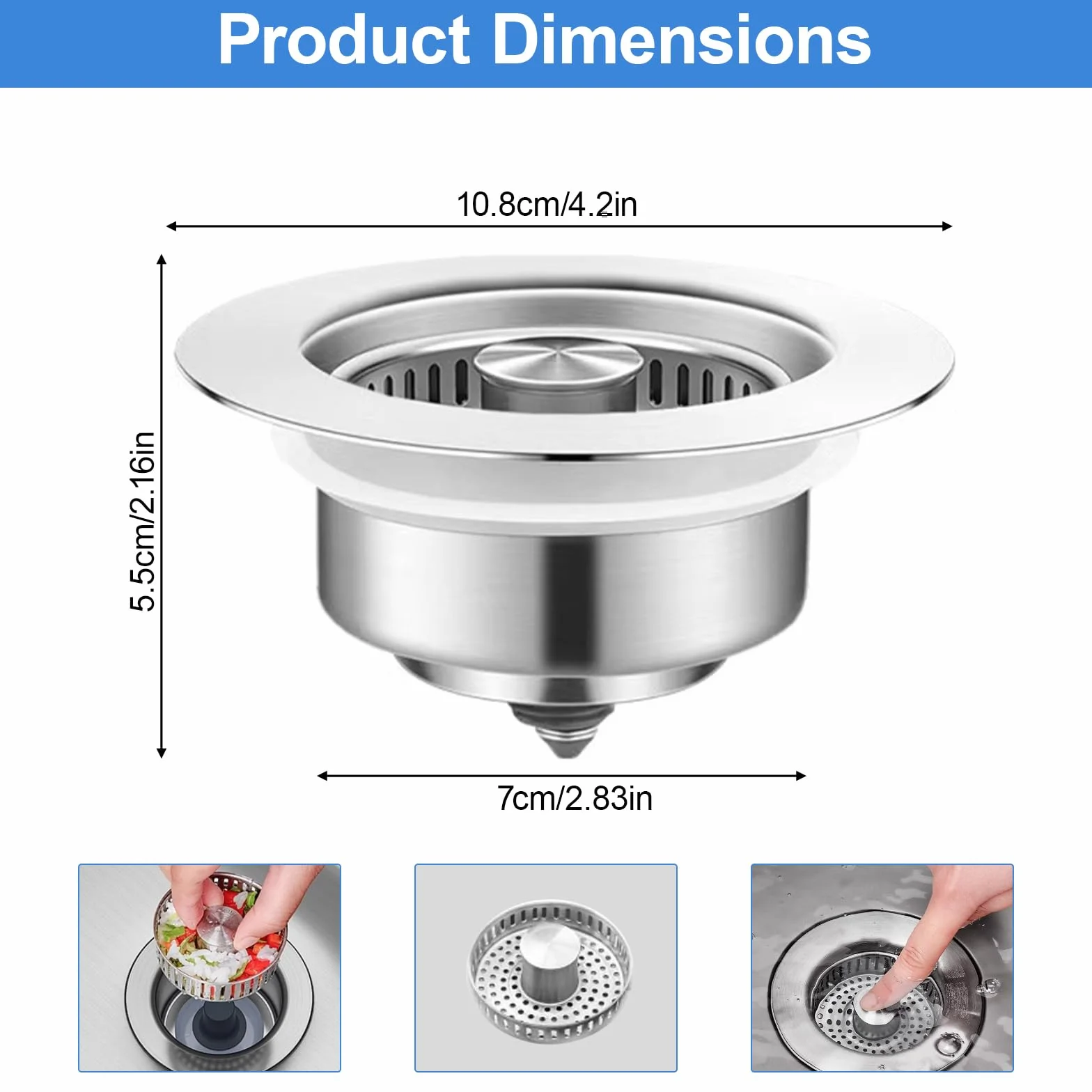 Tapon Fregadero Cocina 3 en 1 Acero Inoxidable Filtro AntiOlores Press Push 73-87mm