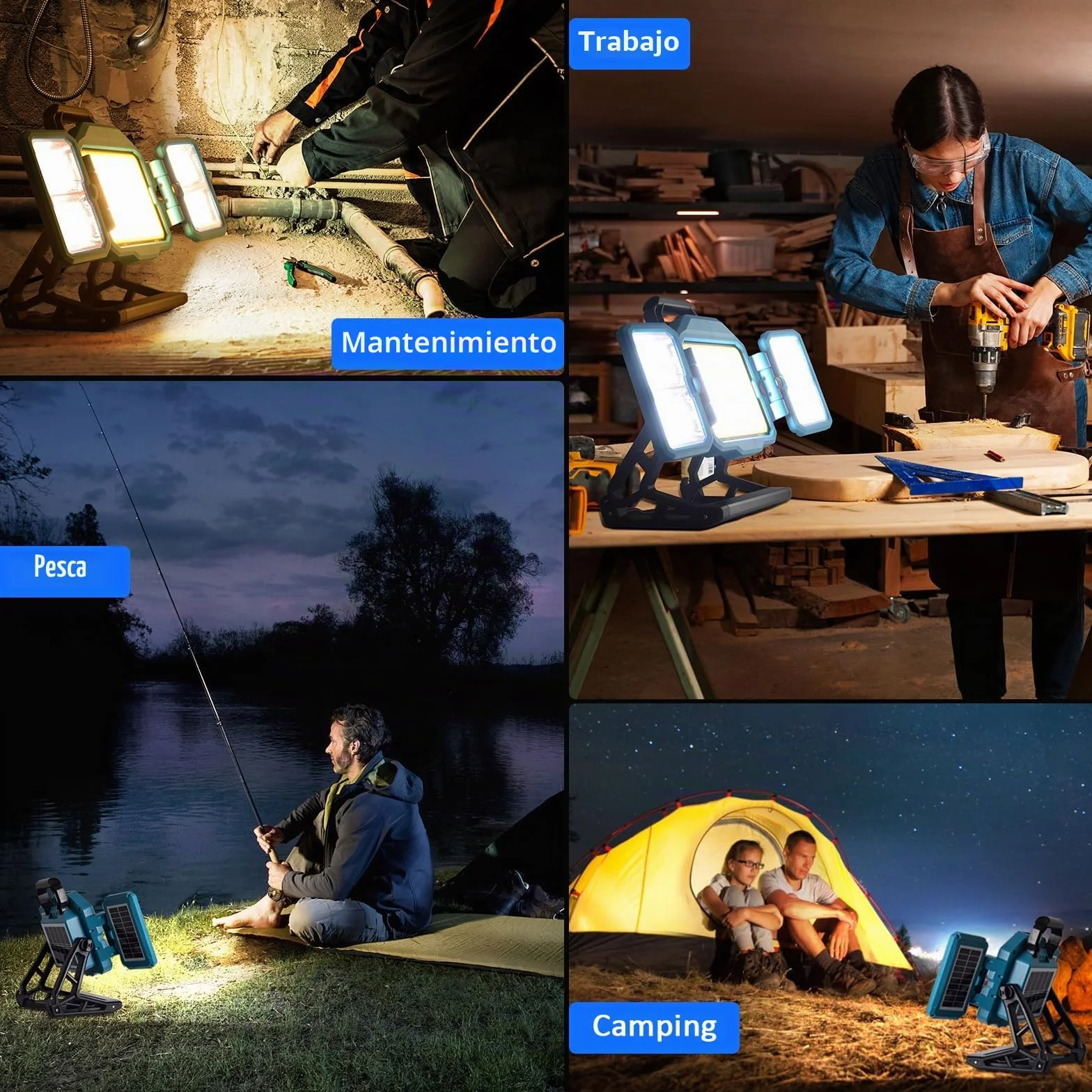 MASMEJOR 300W Foco LED Recargable, Foco LED BaterÍa 30000LM, 25000mAh con Panel Solar, 4 Modos de Luz & Iluminación de 360°, Ideal para Camping, Trabajo, Reparación, Construcción