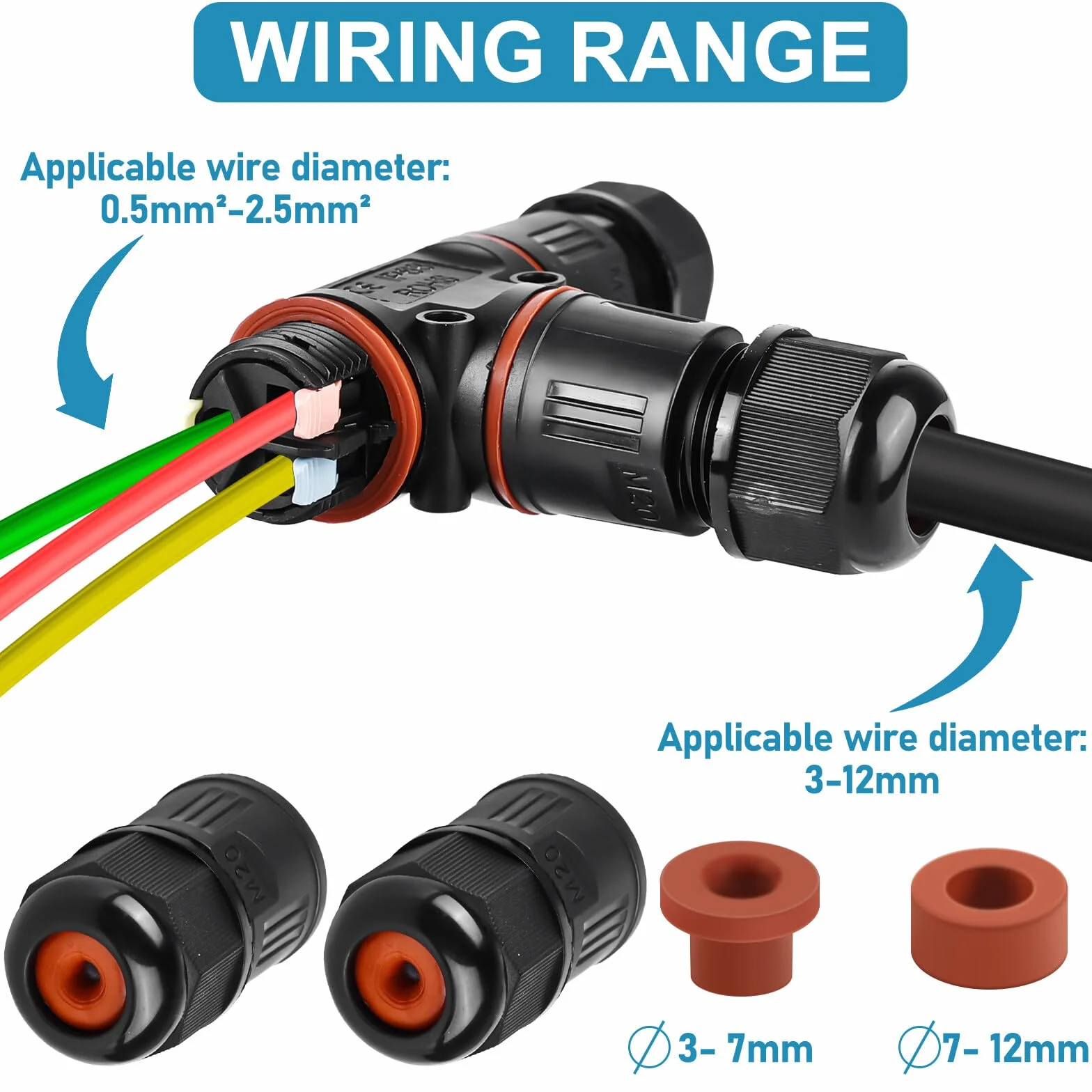 2 conectores de cable impermeables, IP68, resistentes al agua en forma de T, conector de cable de 3 pines, conector de cable subterráneo para diámetro de cable de 3 a 12 mm de diámetro para jardín al