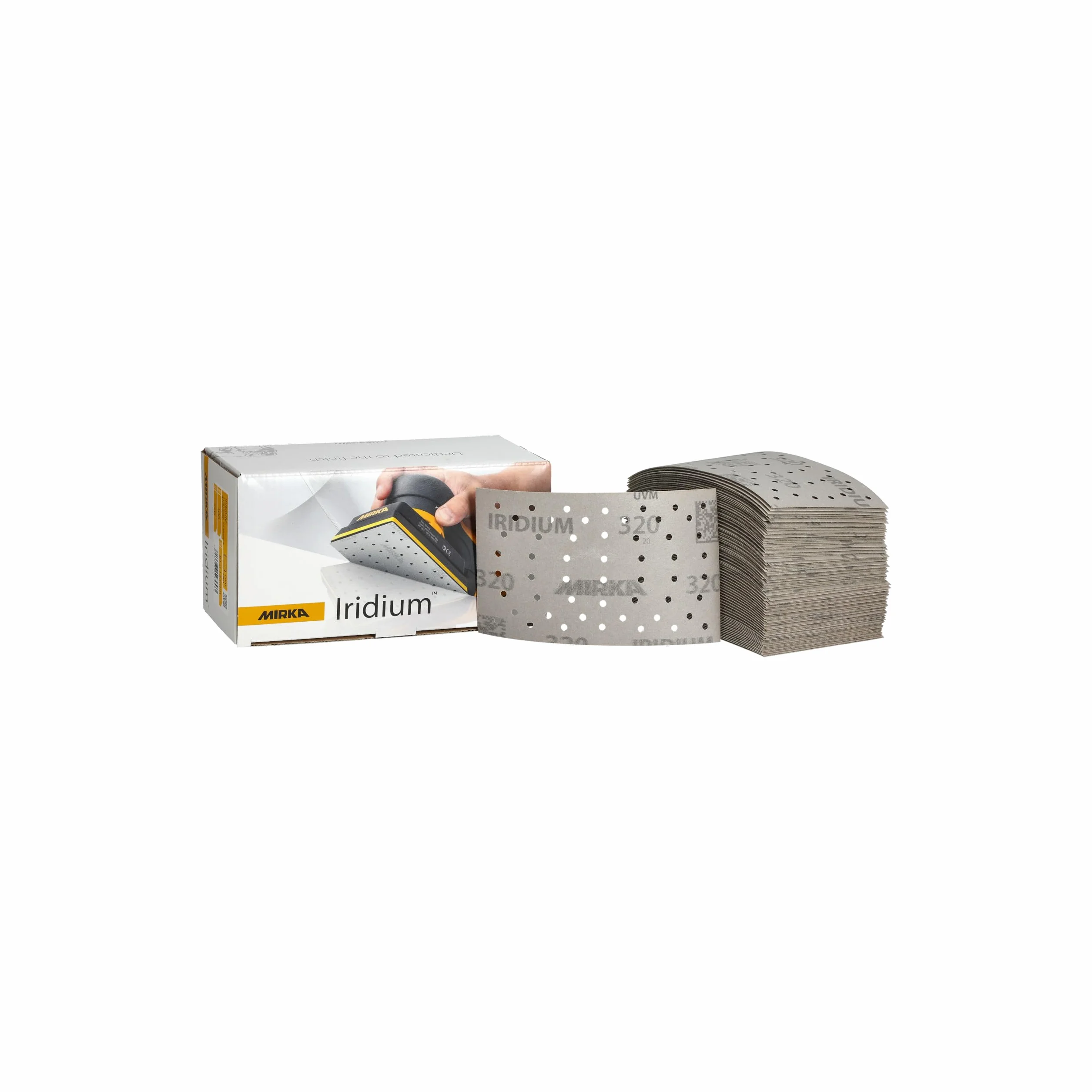 Mirka papel de lija Iridium 81x133mm cierre adhesivo 54 agujeros | Papel de lija premium grano 320 para lacas masillas imprimación madera acero plásticos 100 piezas cierre adhesivo