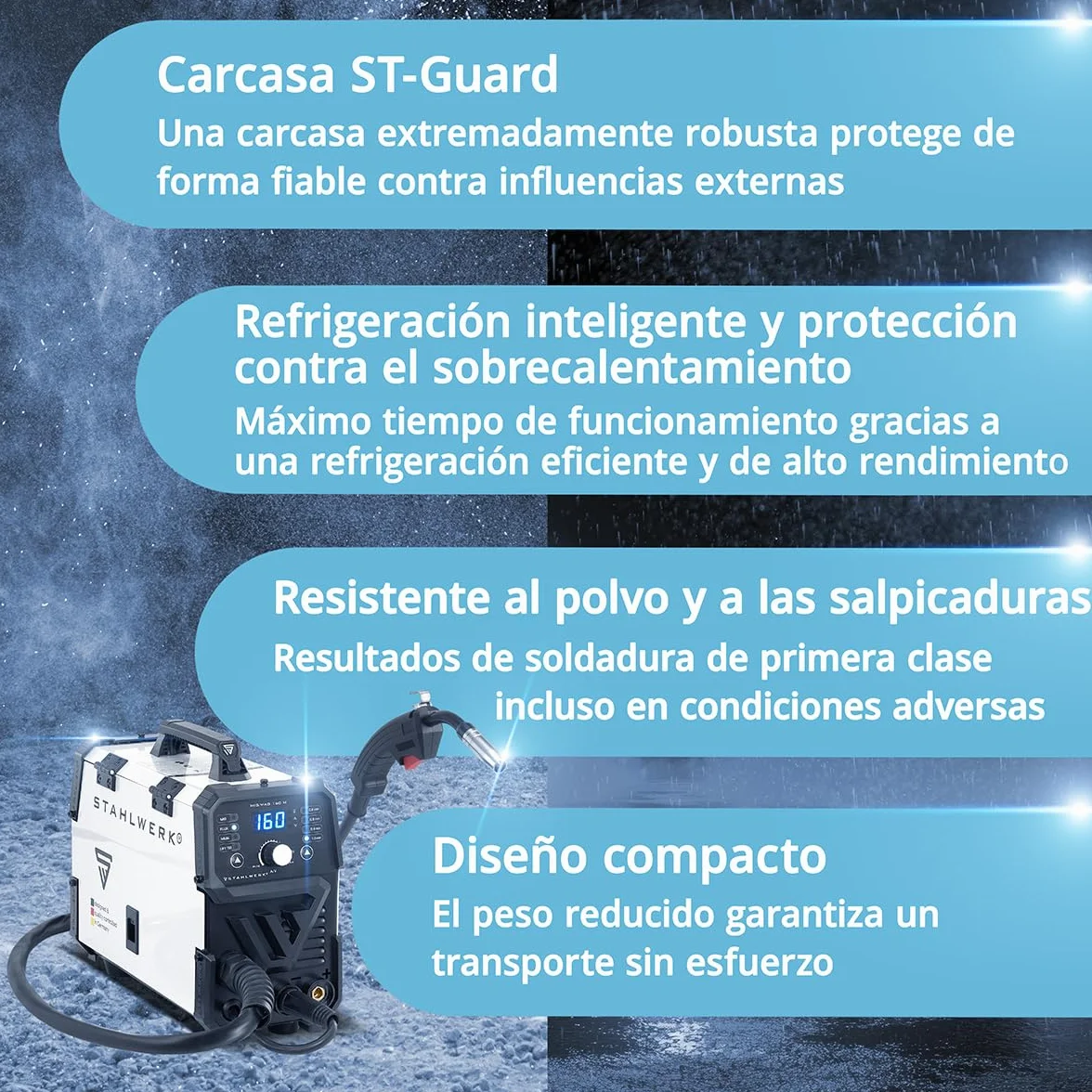 STAHLWERK Soldadora MIG/MAG 200 ST – Máquina de soldar Inverter con 200 A, equipo de gas protector con avance de hilo sinérgico, apto para FLUX (hilo hueco), funcional para Lift-TIG & MMA/Electrodo
