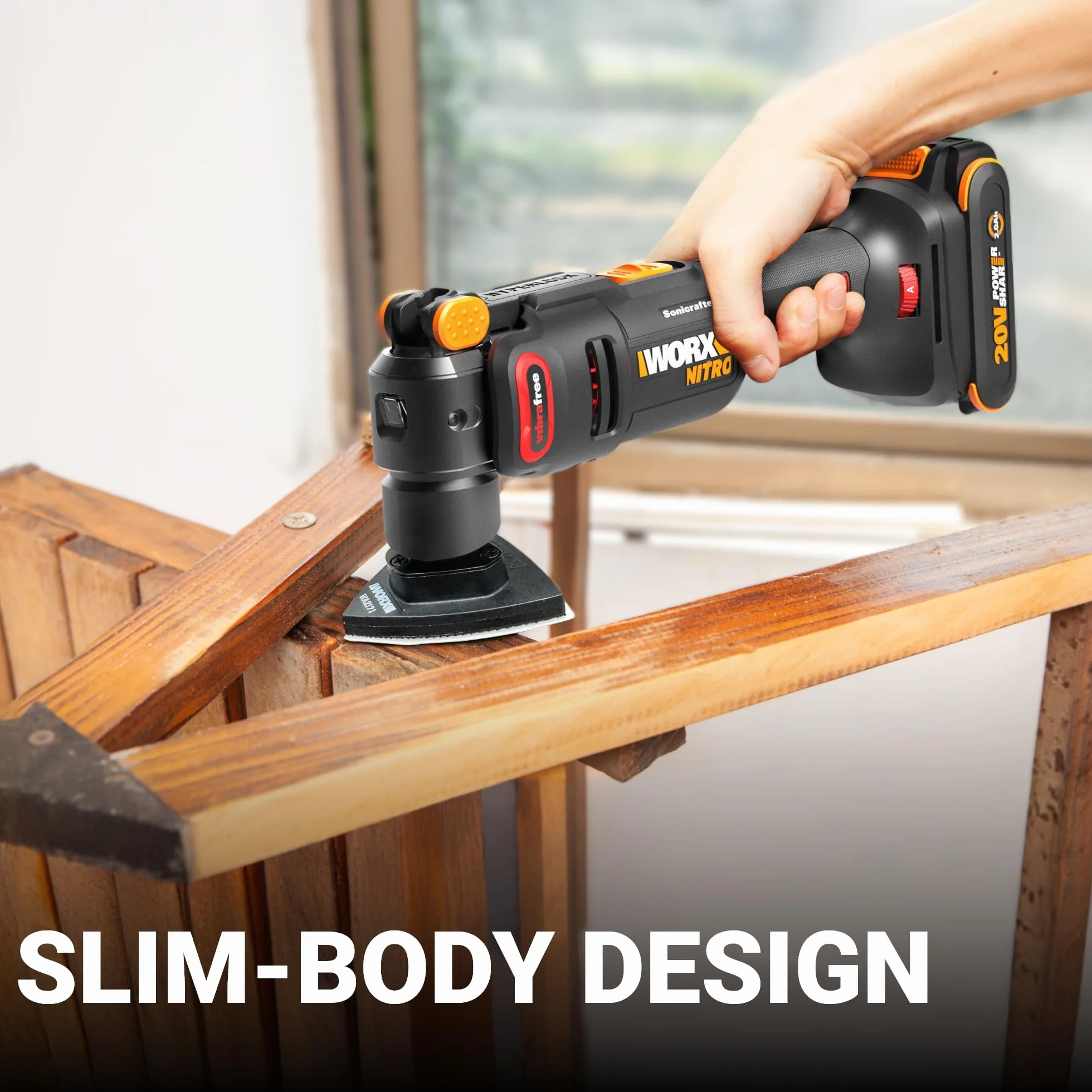 Worx Nitro 20V Cordless Oscillating Multi Tool with 5° Oscillation Angle, VibraFree Technology, Slim-body Design, Tool Only, 23 Pieces Accessories with Carrying Bag, WX698L.9