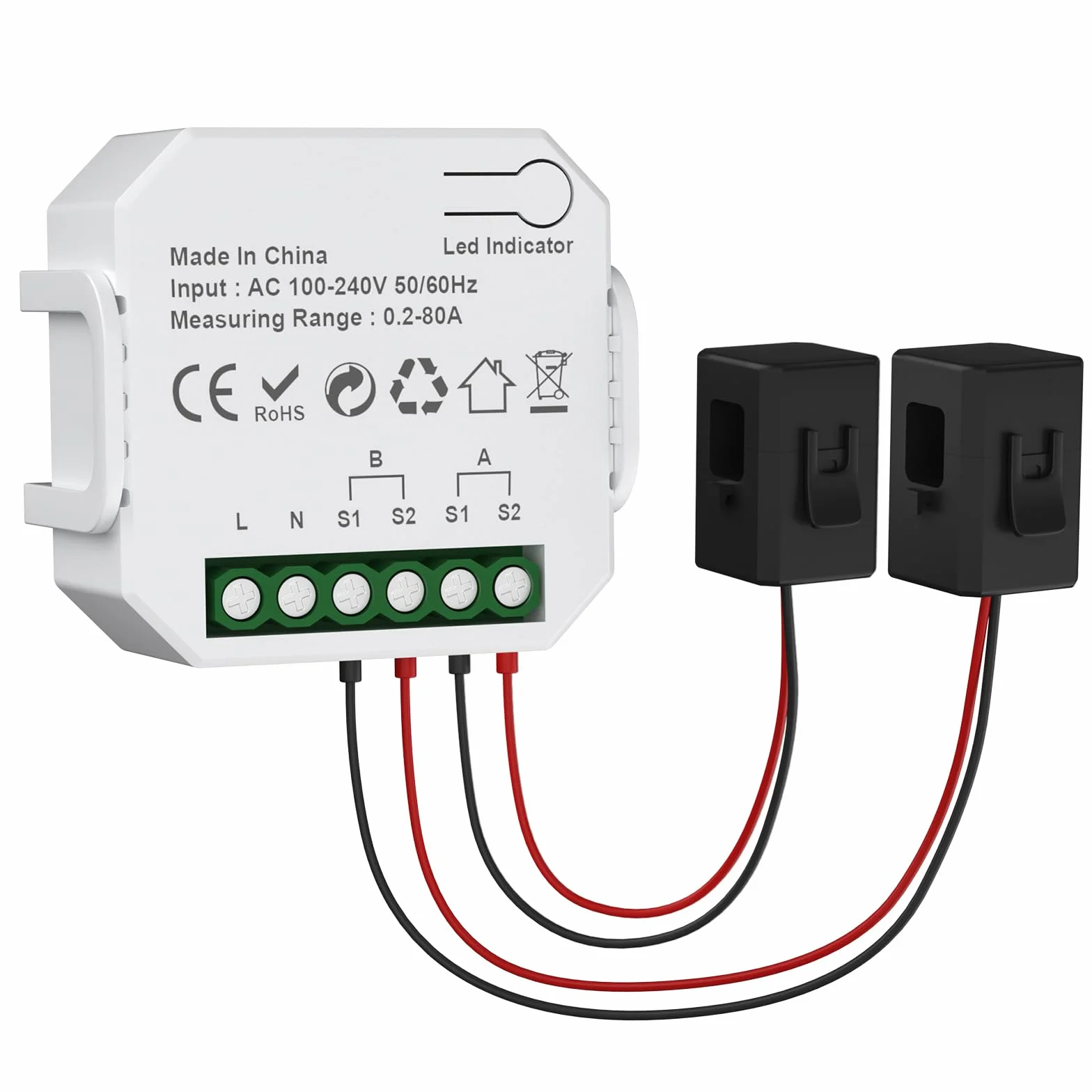 eMylo - Medidor de potencia WiFi de 2 canales 80 A + 80 A, monitor de potencia inteligente con amperímetro de abrazadera, WiFi de 2.4 GHz, monitoreo en tiempo real, aplicación Smart Life/TUYA,