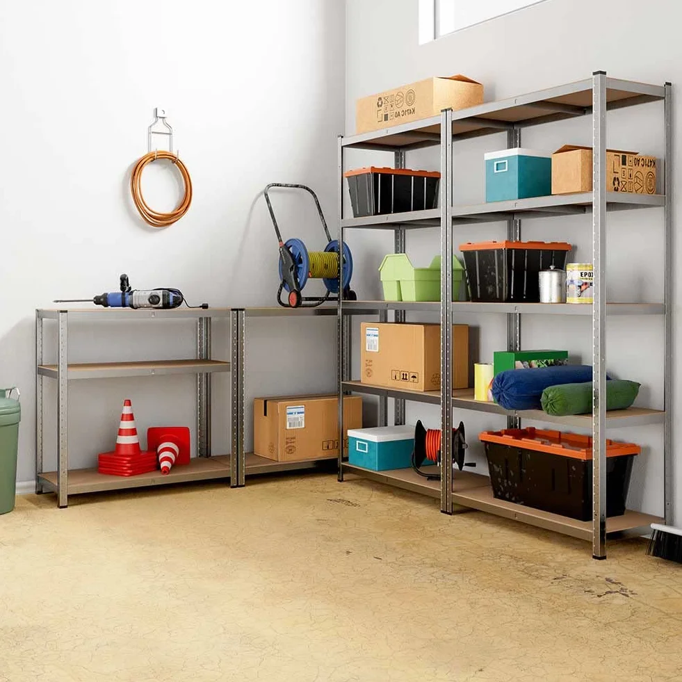 BAKAJI Juego de 2 Estanterías Almacenaje de 5 Niveles, Estantería Metálica, Modular, Garaje, Almacén, Trastero, Cocina, Carga de 875 kg, 40 x 90 x 180 cm, Plata