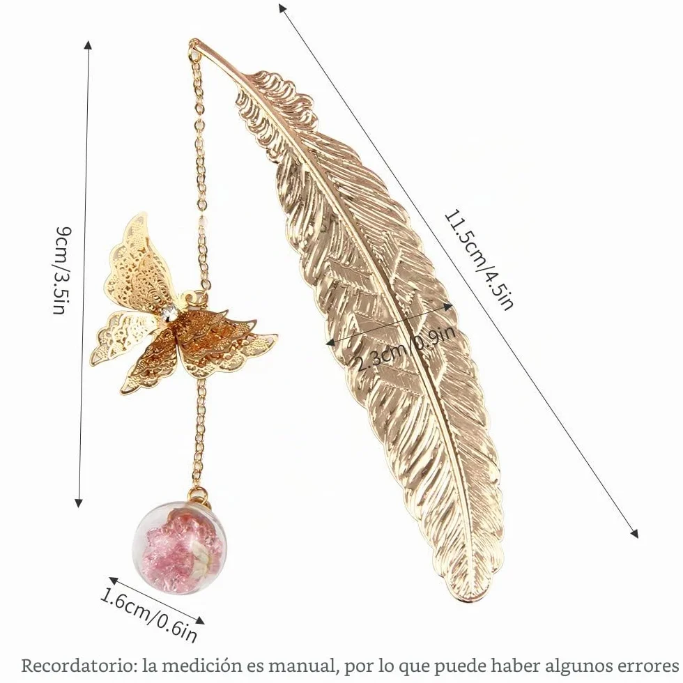 Marcapáginas de Plumas de Metal con Mariposa 3D y Perlas de Vidrio