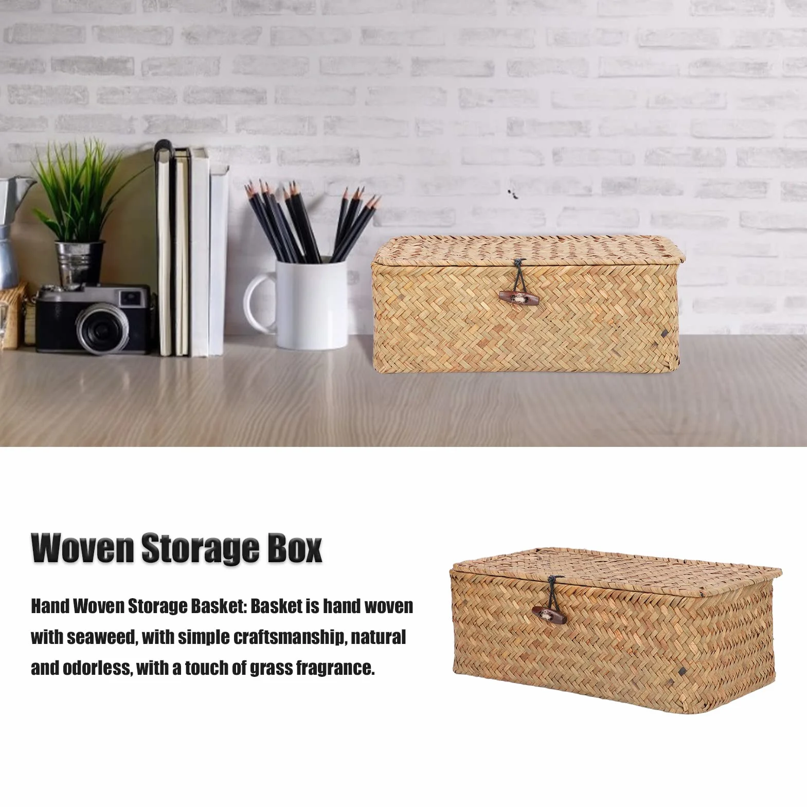 Cesta de Mimbre Rectangular con Tapa Organizador Almacenamiento Hogar Jardín Hecho a Mano