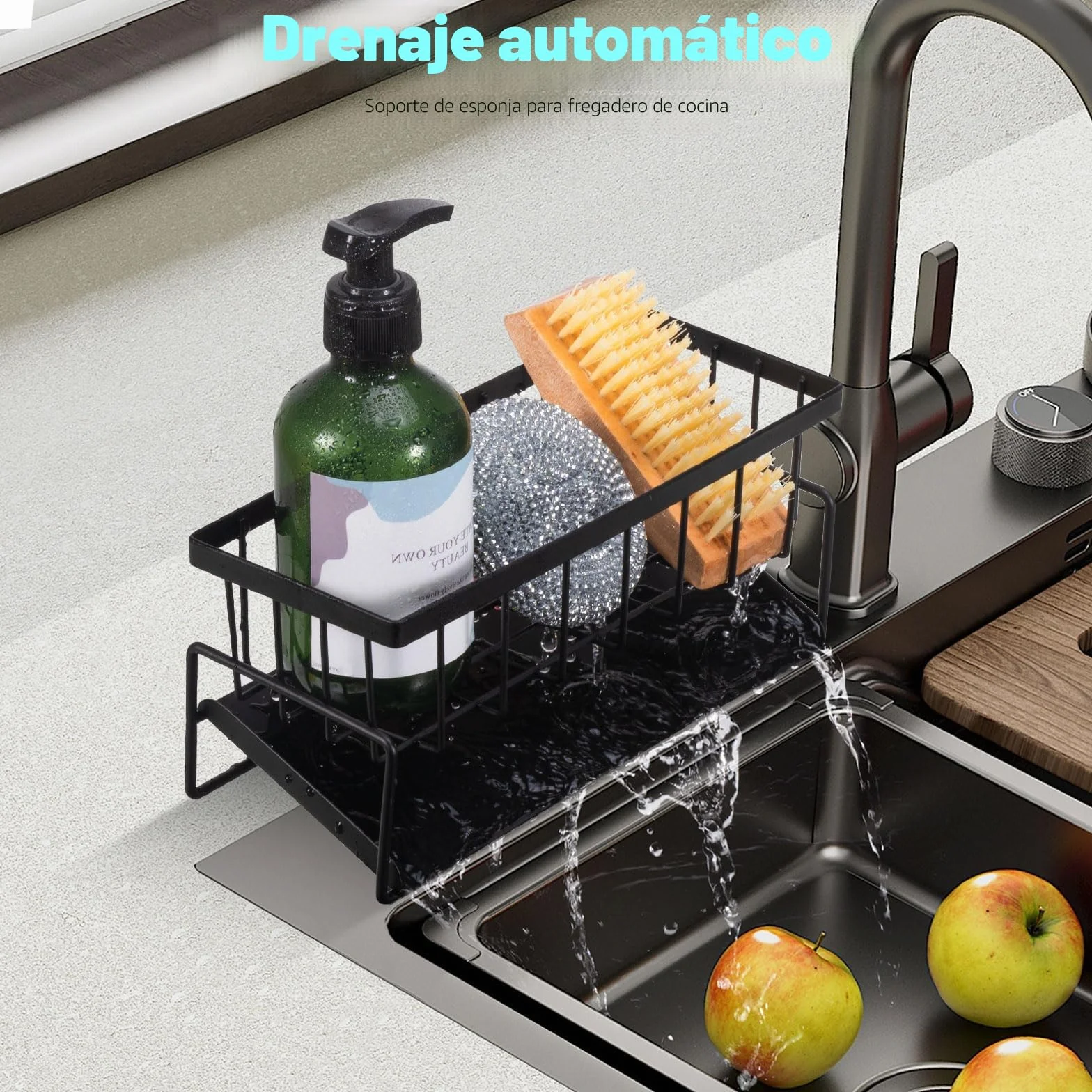 Caja de almacenamiento para fregadero de cocina, organizador para fregadero, estante de almacenamiento multifuncional, color negro, adecuado para almacenamiento de cocina y baño