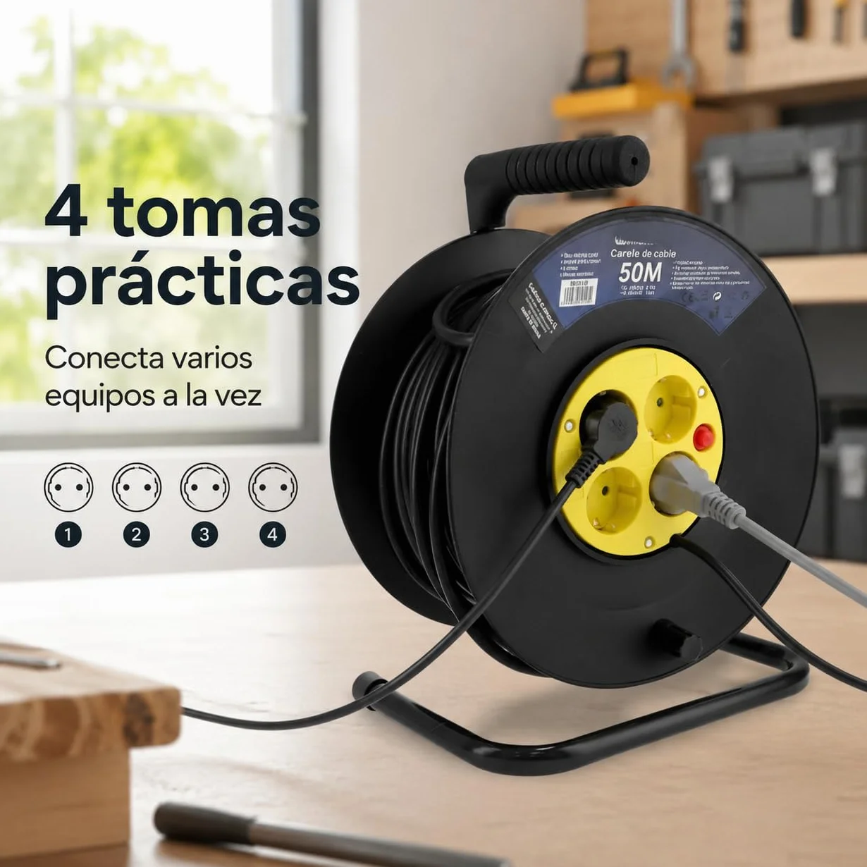 M mimotec - Enrollacables Exterior 50 Metros 4 Tomas 3200W 16A | Cable H05VV-F 3x1,5 mm² | Carrete Eléctrico con Protección Infantil | Alargador para Jardín, Garaje, Taller y Hogar
