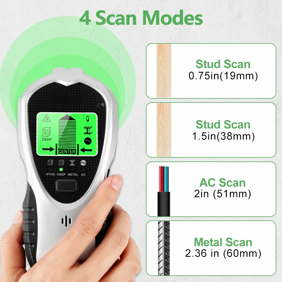 Detector de Pared 4 En 1 - Sensor Electrónico con Pantalla LCD para Detectar Madera, Tubos de Metal y Cables Eléctricos - Escáner Digital