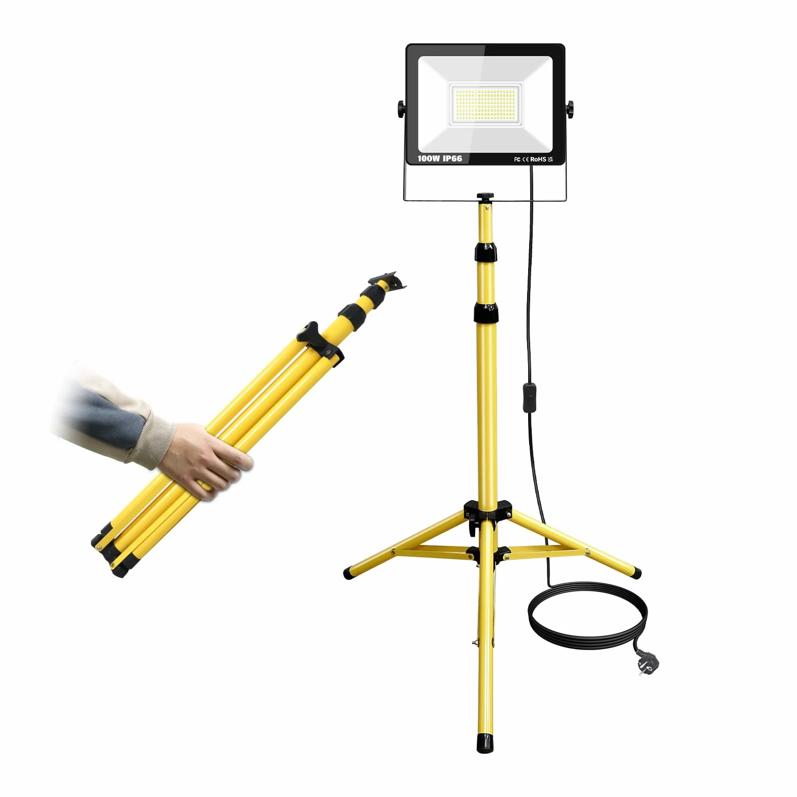 RIGIDON 100W 10000lm foco led trípode telescópico, luz de trabajo portátil | cable de 5 metros, altura ajustable de 102 a 193 cm, proyector led, para taller mecanico obra de construcción garaje jardín